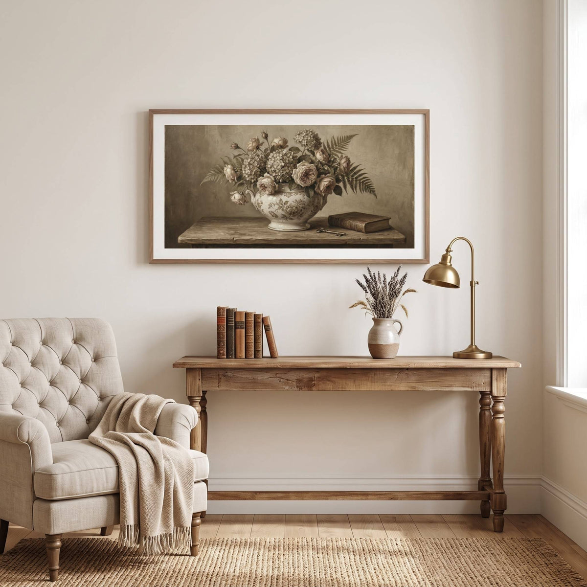 Vintage-style still life painting of a flower bouquet in a vase beside an open book — framed vintage painting.