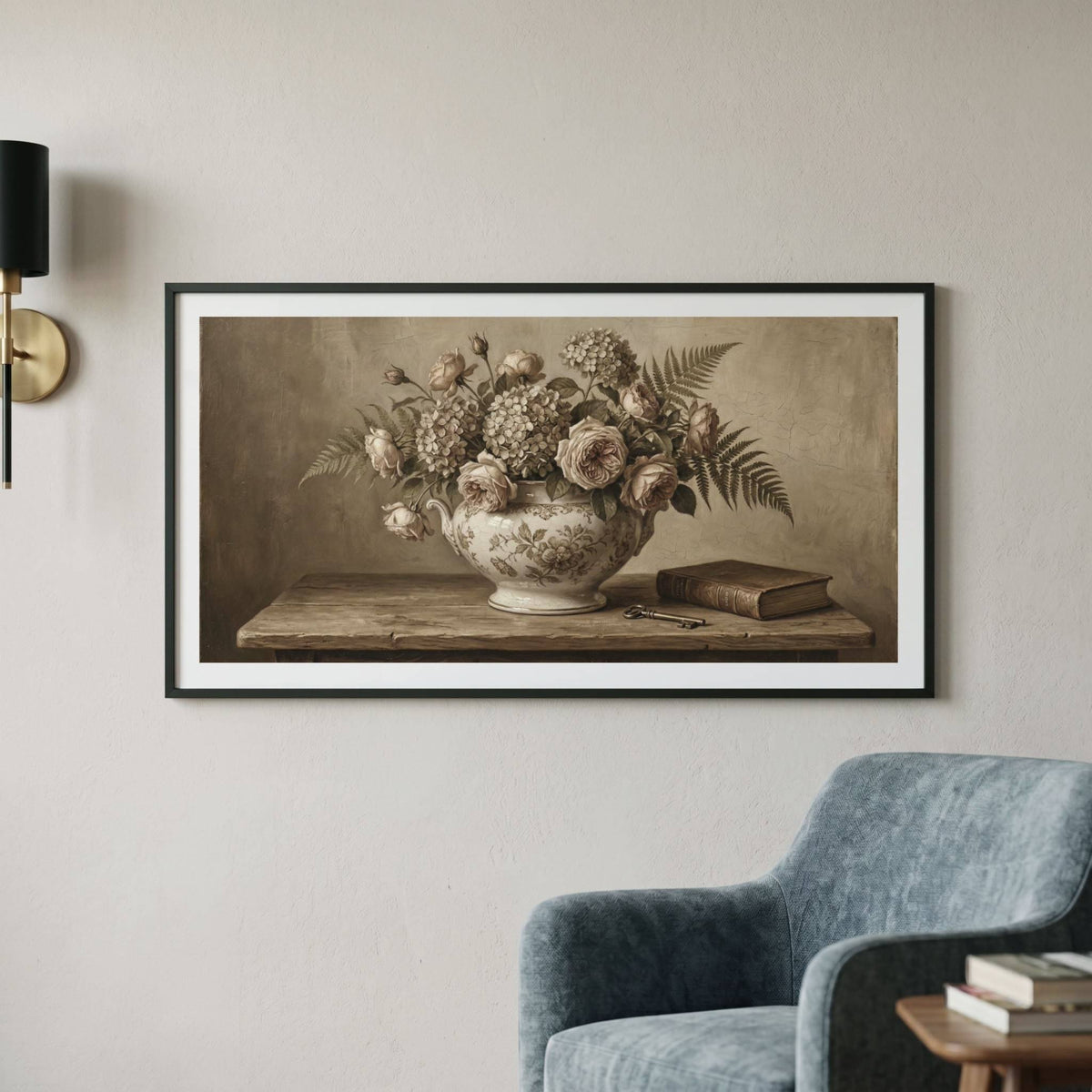 Vintage-style still life painting of a flower bouquet in a vase beside an open book — framed vintage painting.