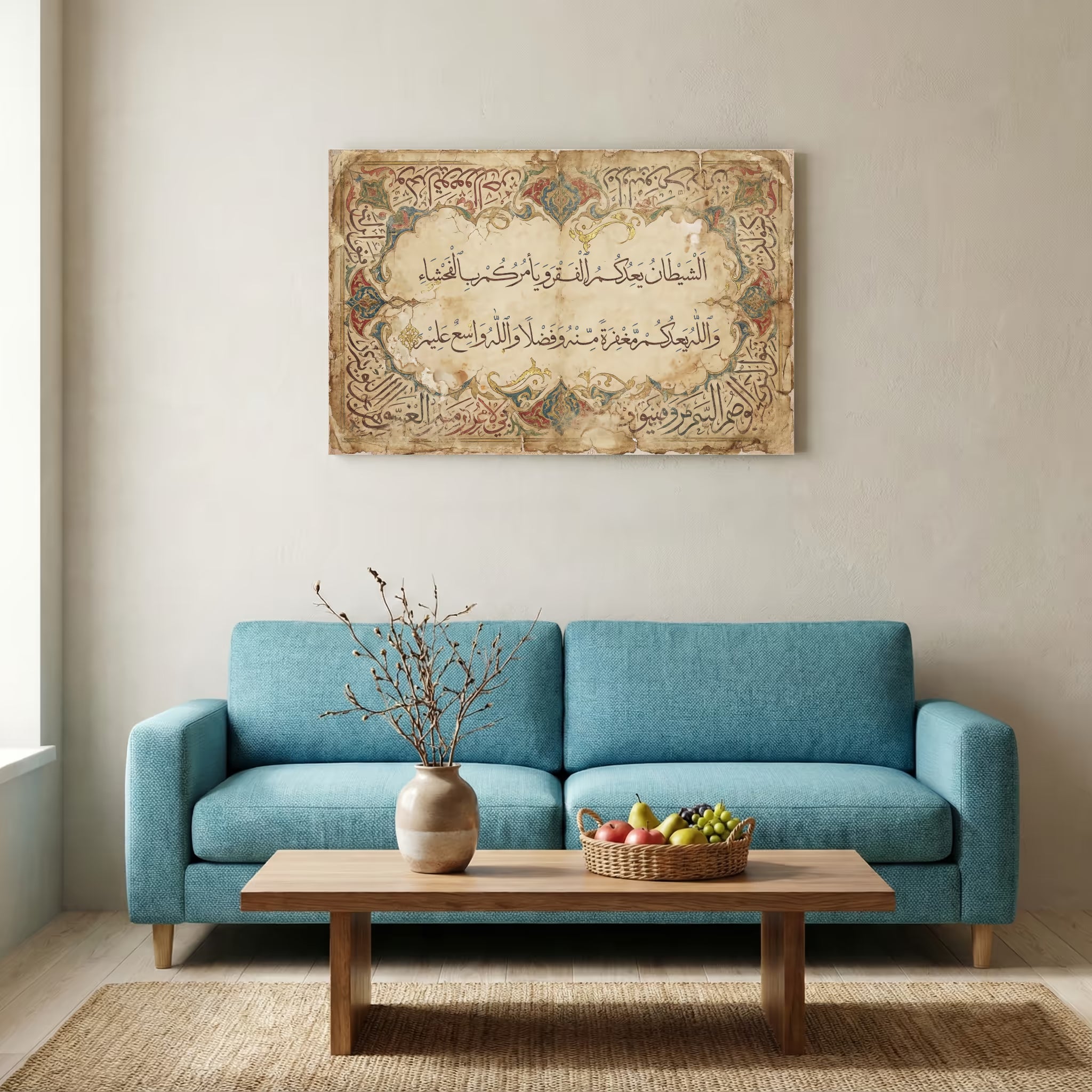Surah Al-Baqarah verse 268 in Islamic calligraphy on canvas with a soft multicolor arabesque border