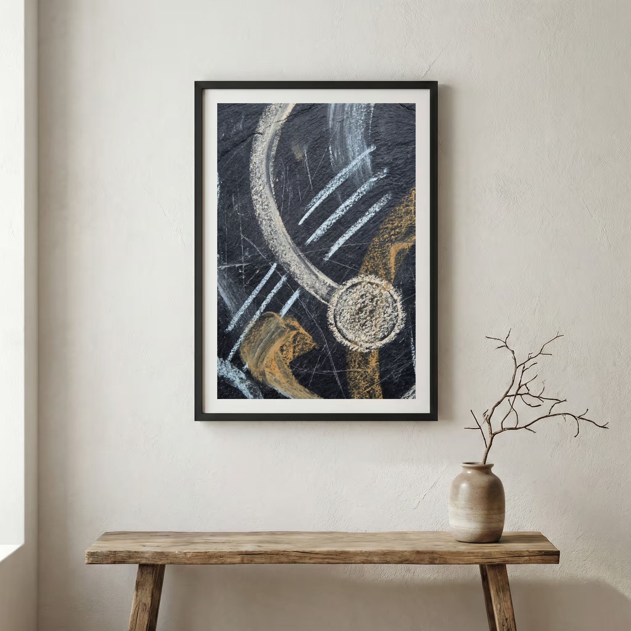 Black Gold Botanical Abstract canvas wall art in a framed room setting
