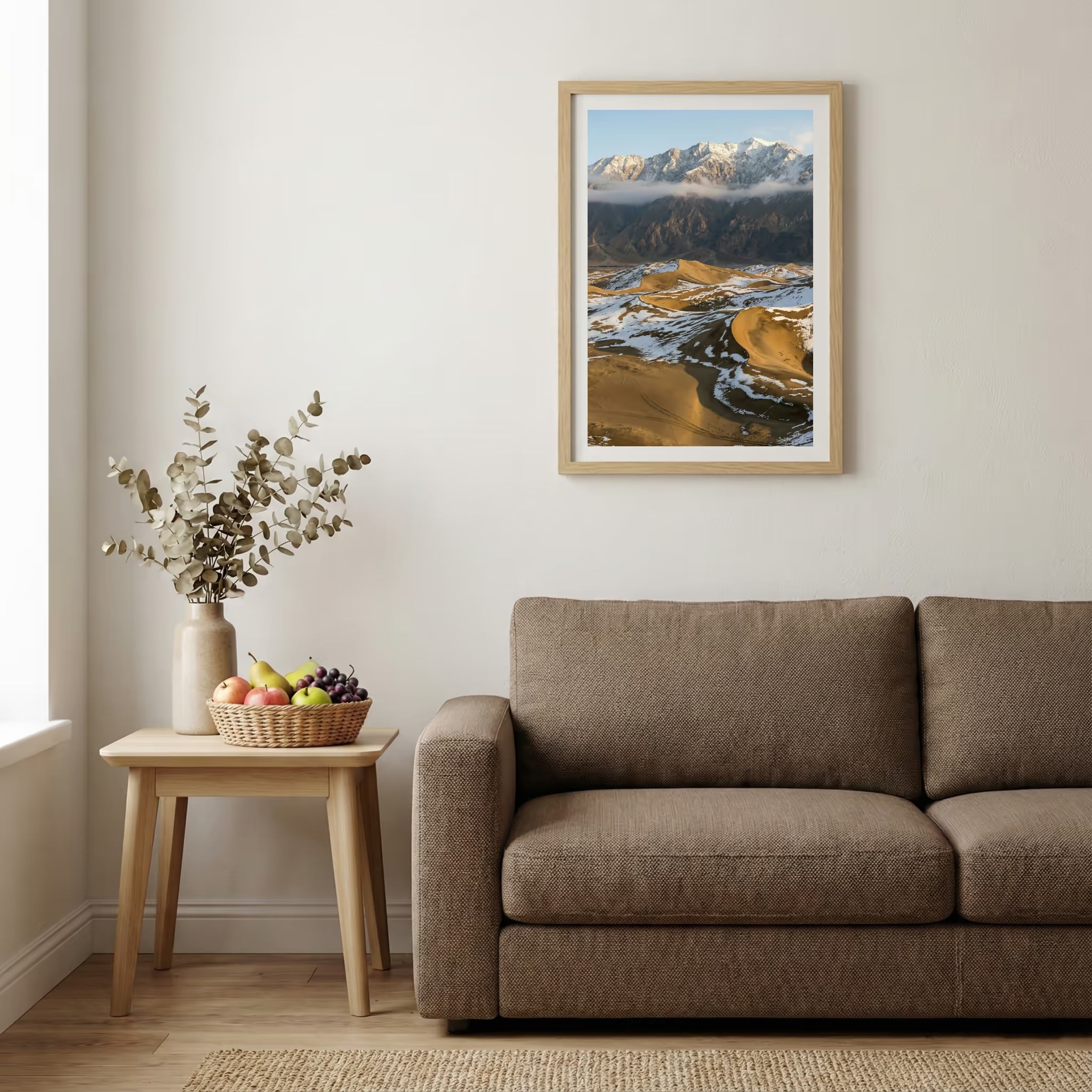 Green river valley with purple wildflowers in the foreground and snow-capped peaks beyond — wooden-frame wall art print, 20×30 in