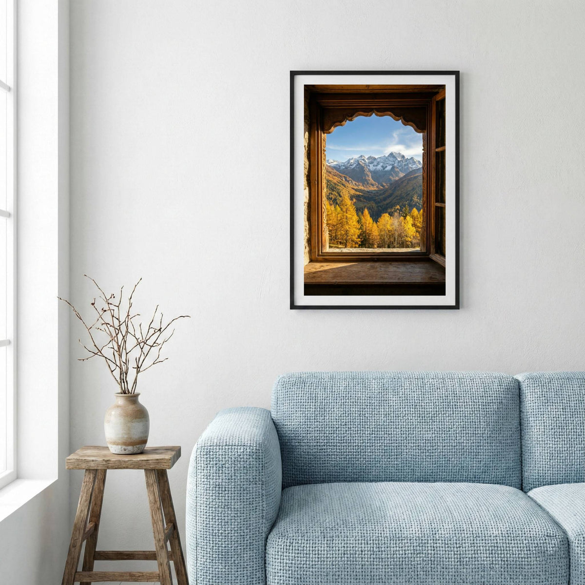 Golden autumn trees and mountain peaks framed by a rustic wooden window — framed canvas wall art in a wooden frame, 16×24 in