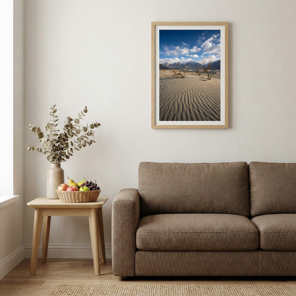 Golden autumn trees and mountain peaks framed by a rustic wooden window — wooden-frame wall art print, 20×30 in