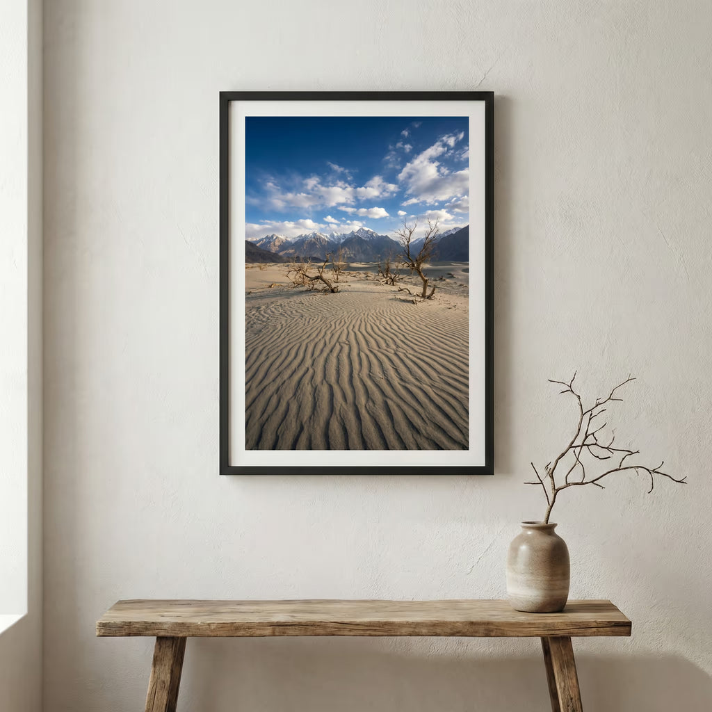 Golden autumn trees and mountain peaks framed by a rustic wooden window — wooden frame canvas wall art print, 12×18 in
