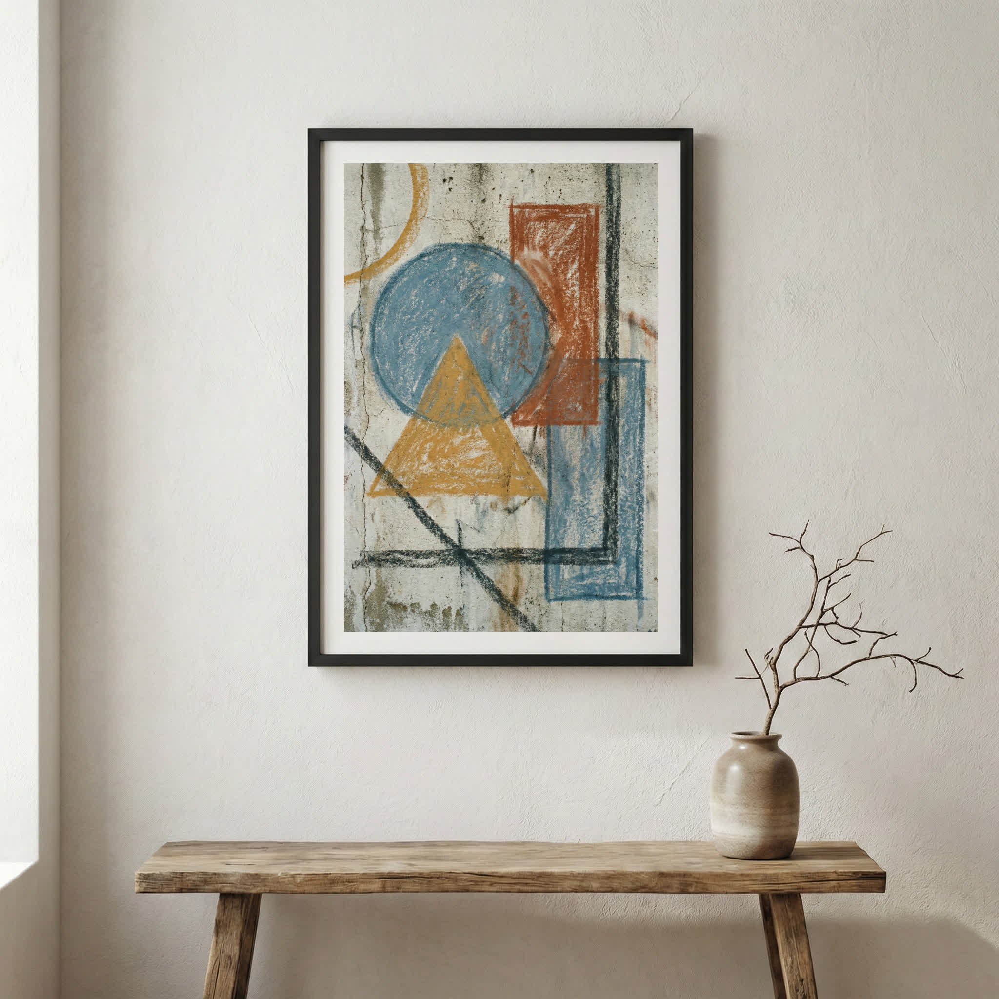 Blue Orange Geometric Abstract canvas wall art in a framed room setting