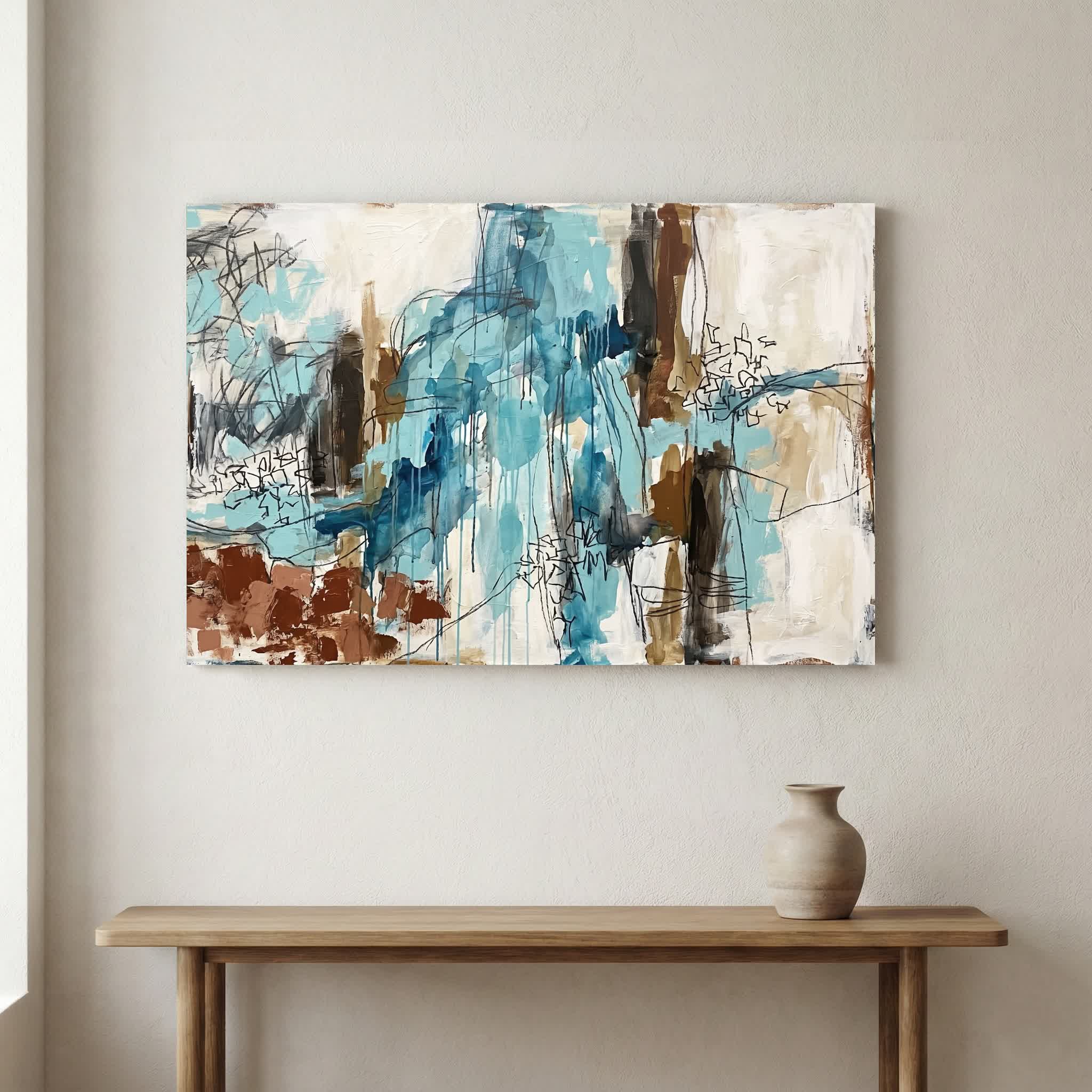 Blue Teal Textured Abstract canvas wall art in a framed room setting