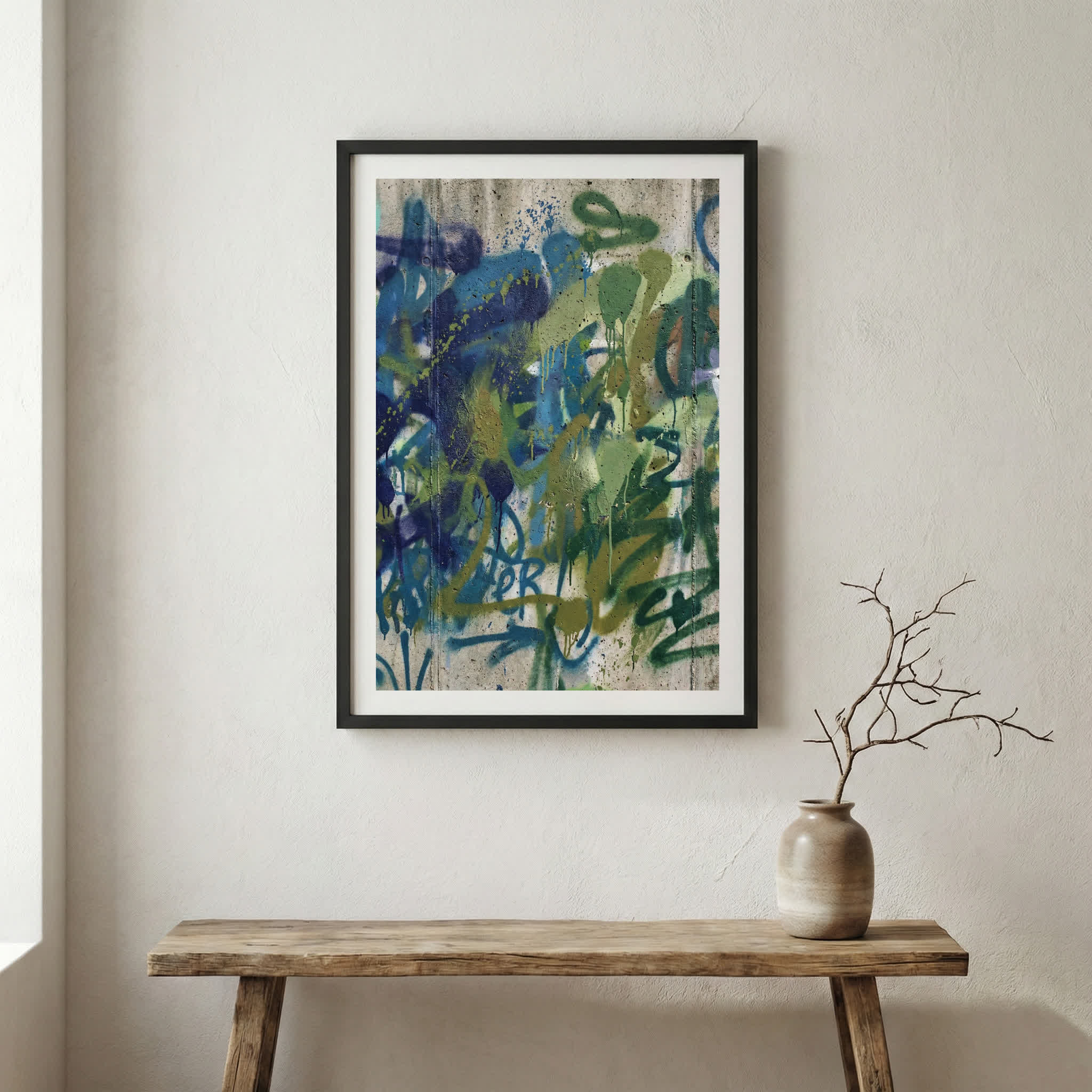 Blue Green Expressive Abstract canvas wall art in a framed room setting