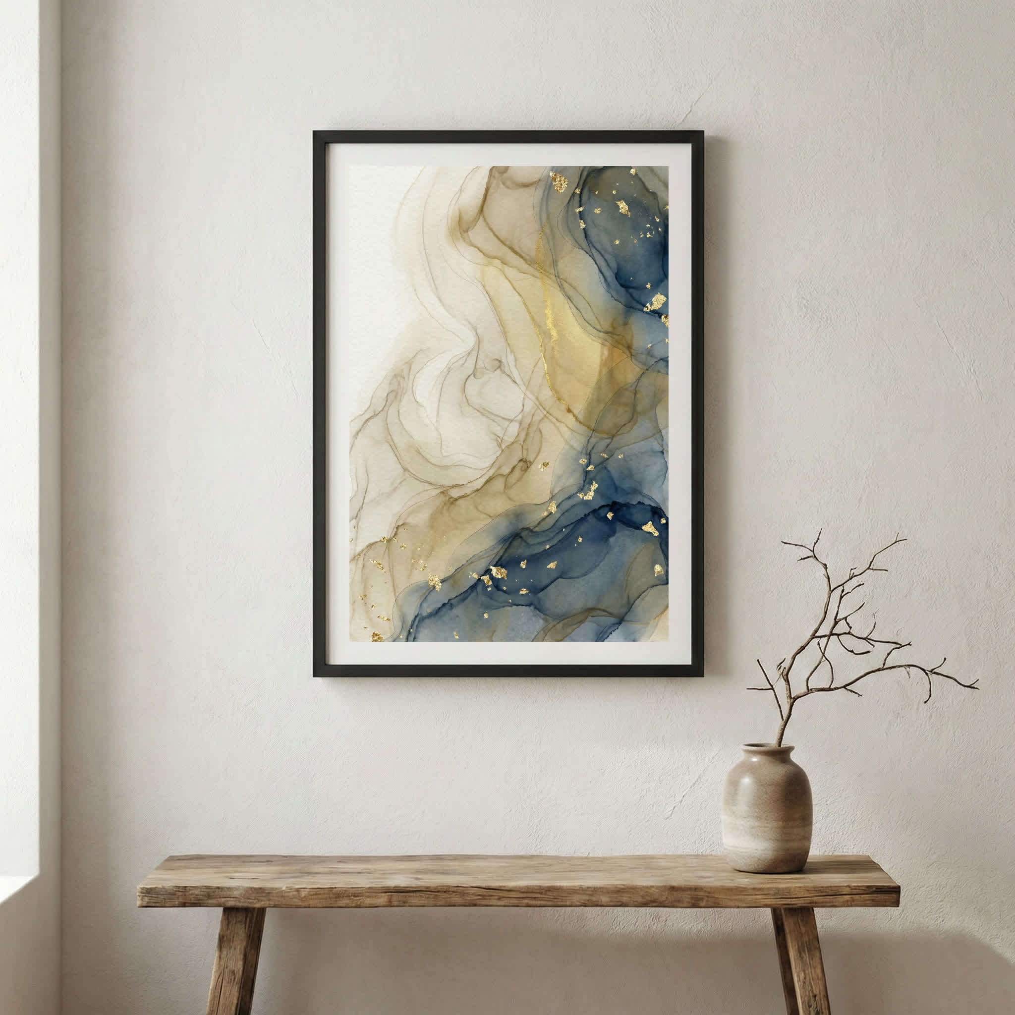 Cream Gold Fluid Abstract canvas wall art in a framed room setting