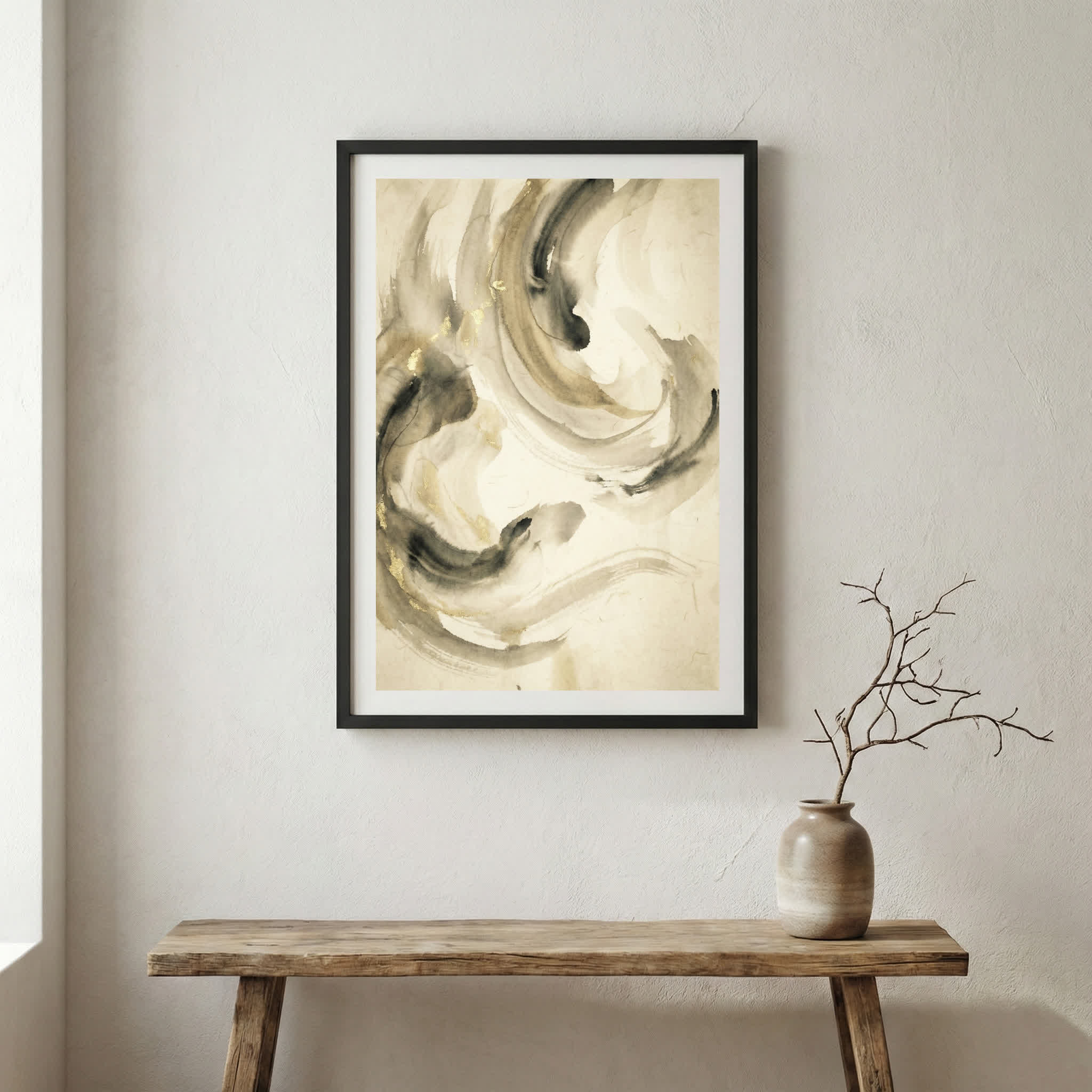 Cream Black Fluid Abstract canvas wall art in a framed room setting