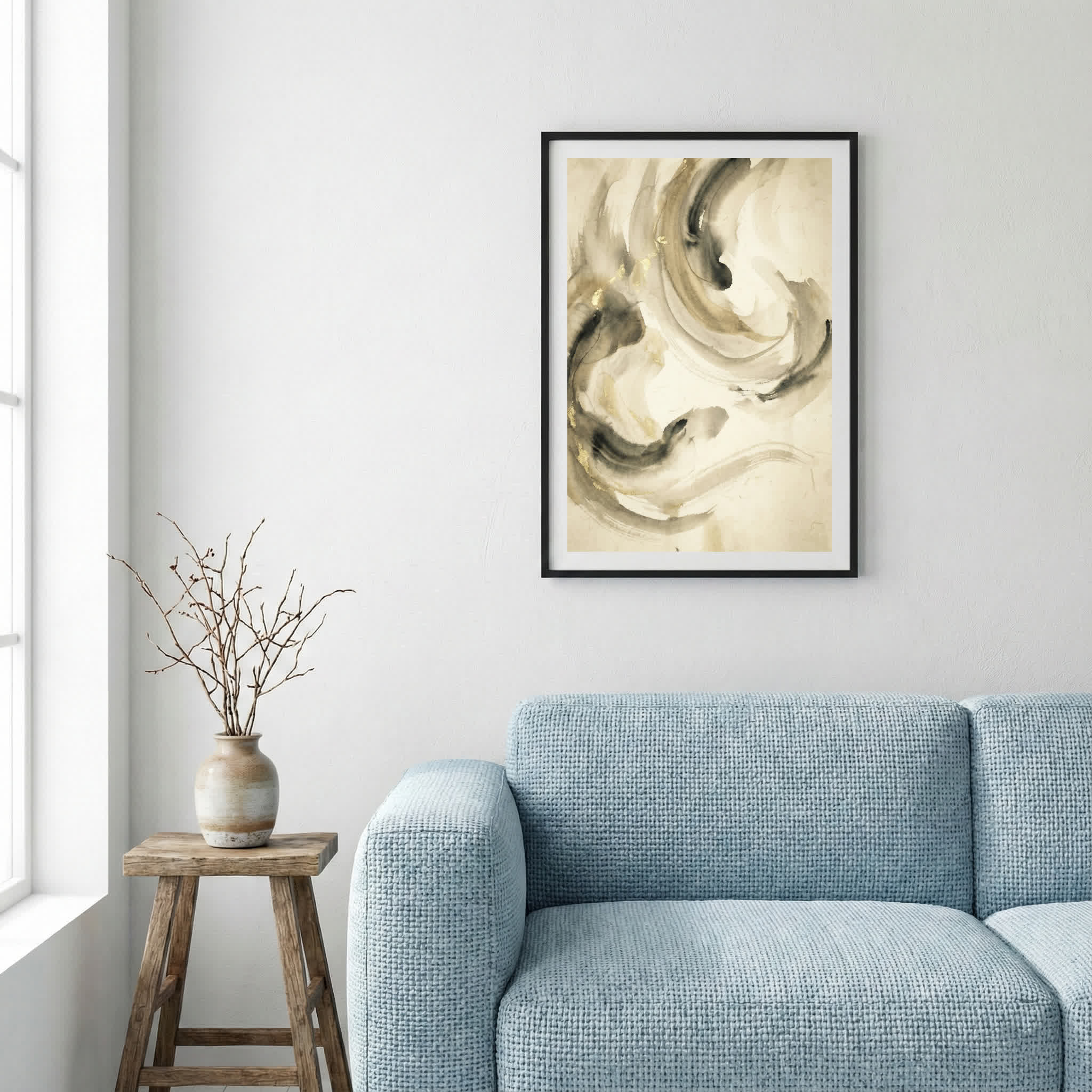Cream Black Fluid Abstract canvas wall art — alternate a view