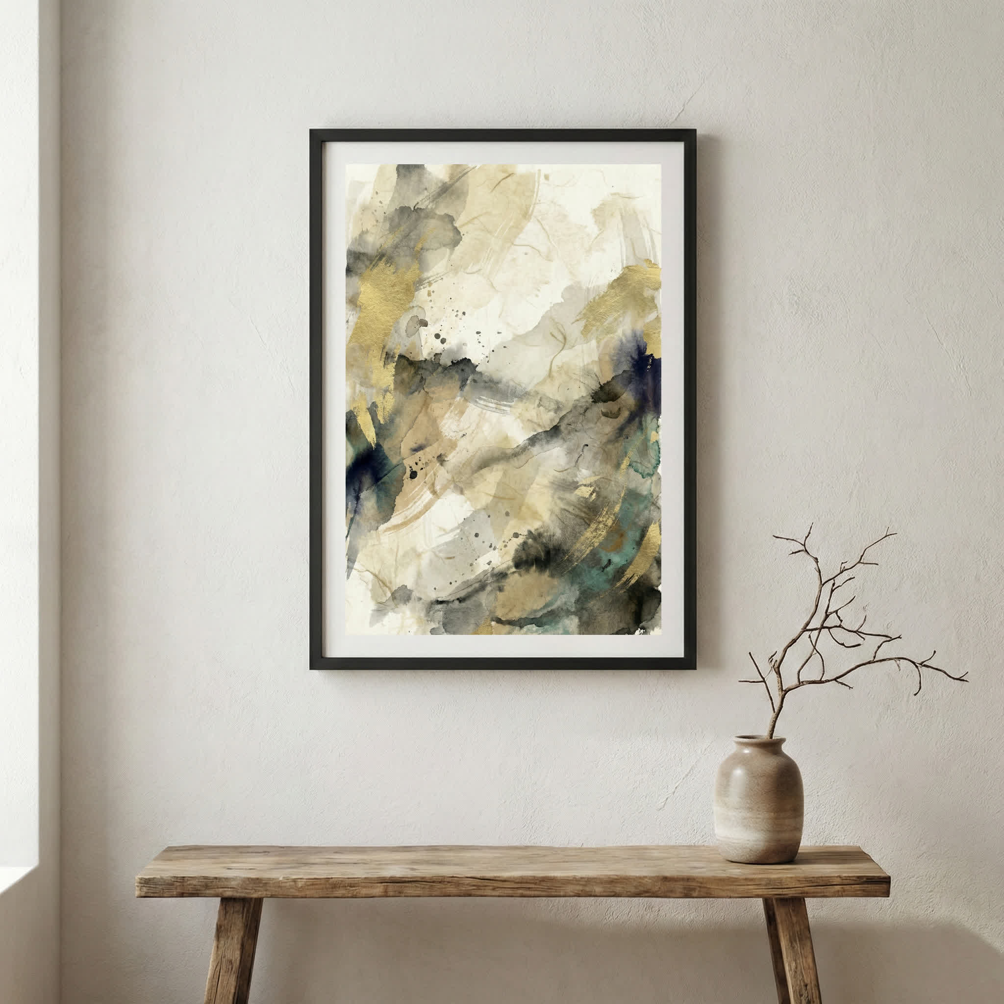 Black Gold Cream Marbled Abstract canvas wall art in a framed room setting