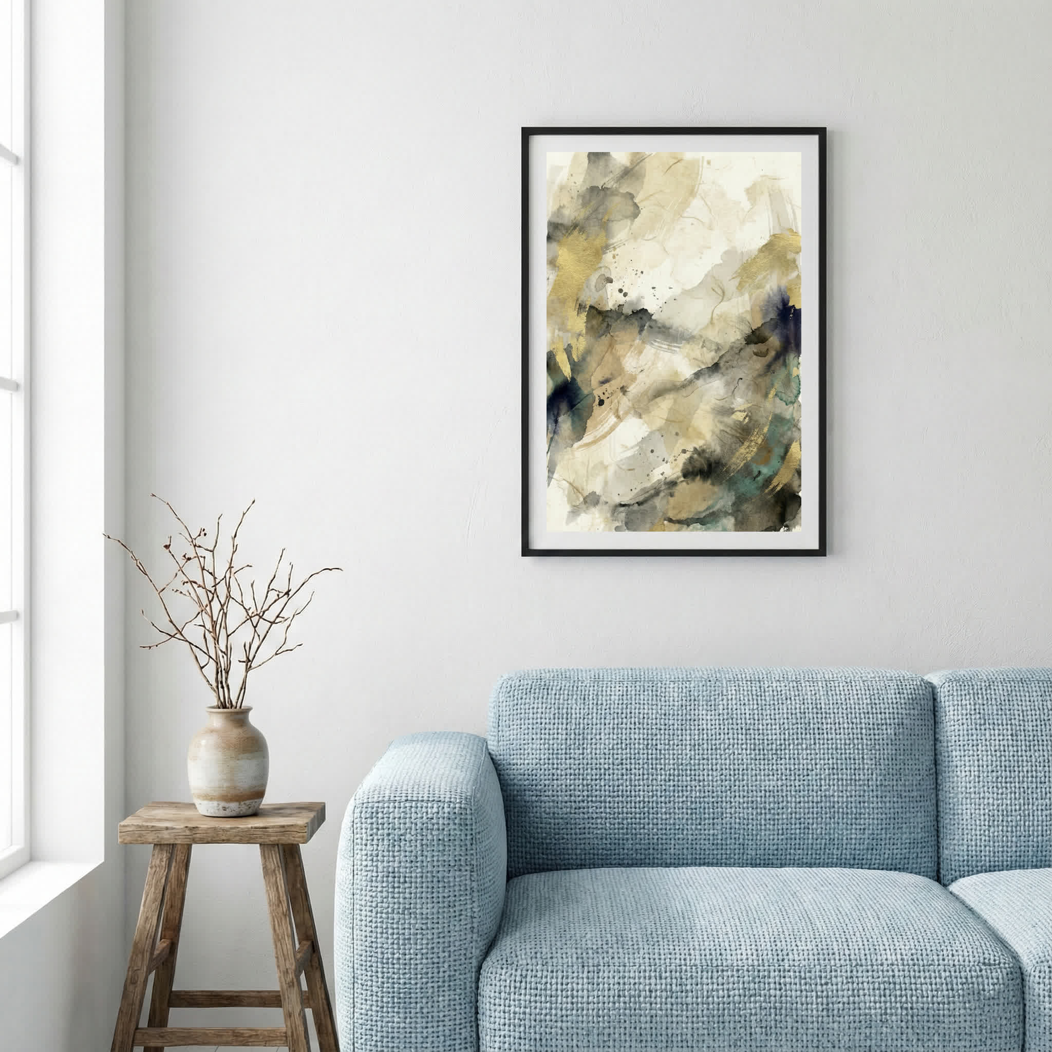 Black Gold Cream Marbled Abstract canvas wall art — alternate a view