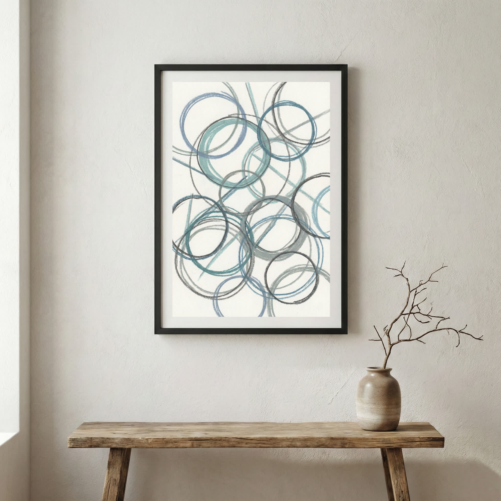 Blue Gray Circle Line Abstract canvas wall art in a framed room setting
