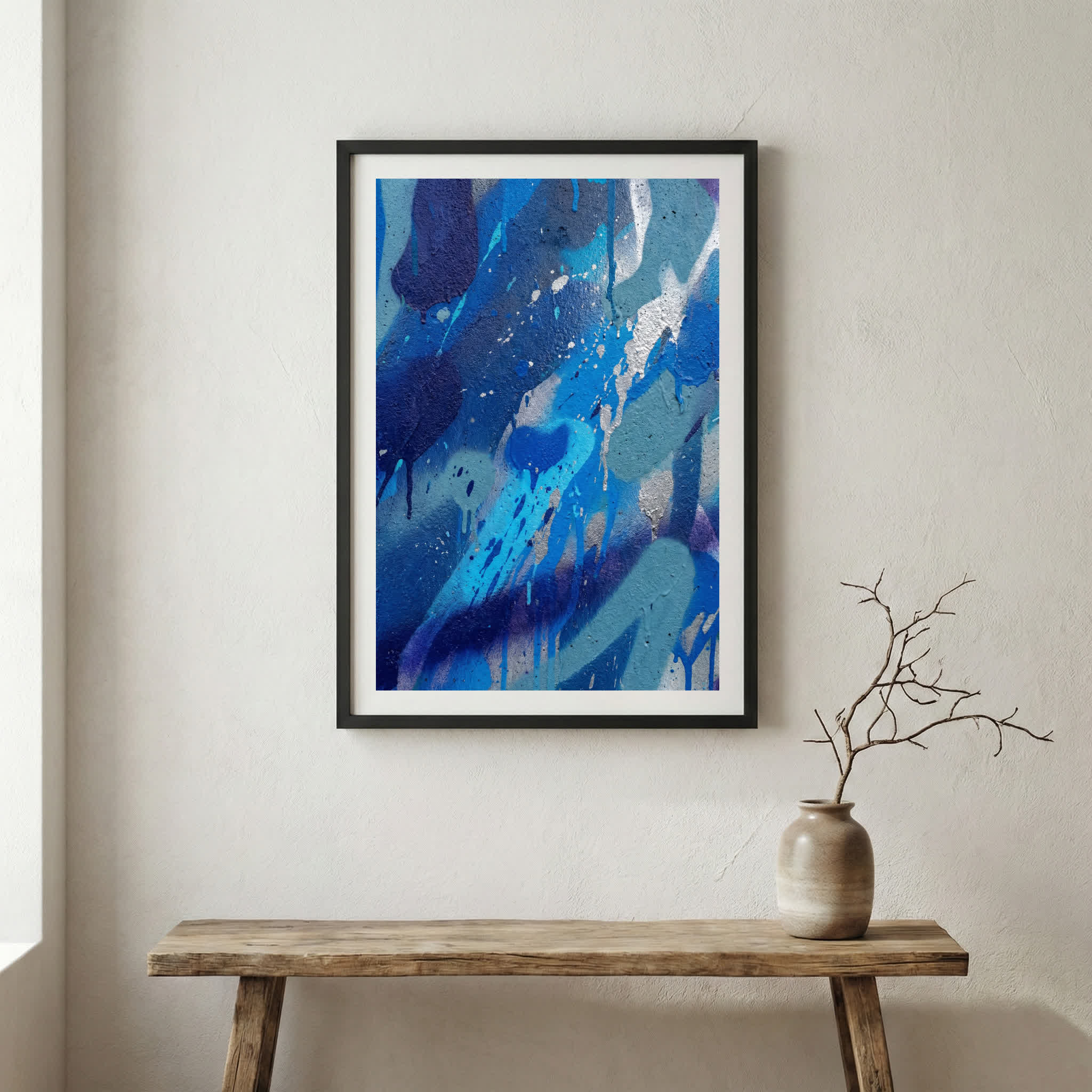 Blue Water-Inspired Abstract canvas wall art in a framed room setting