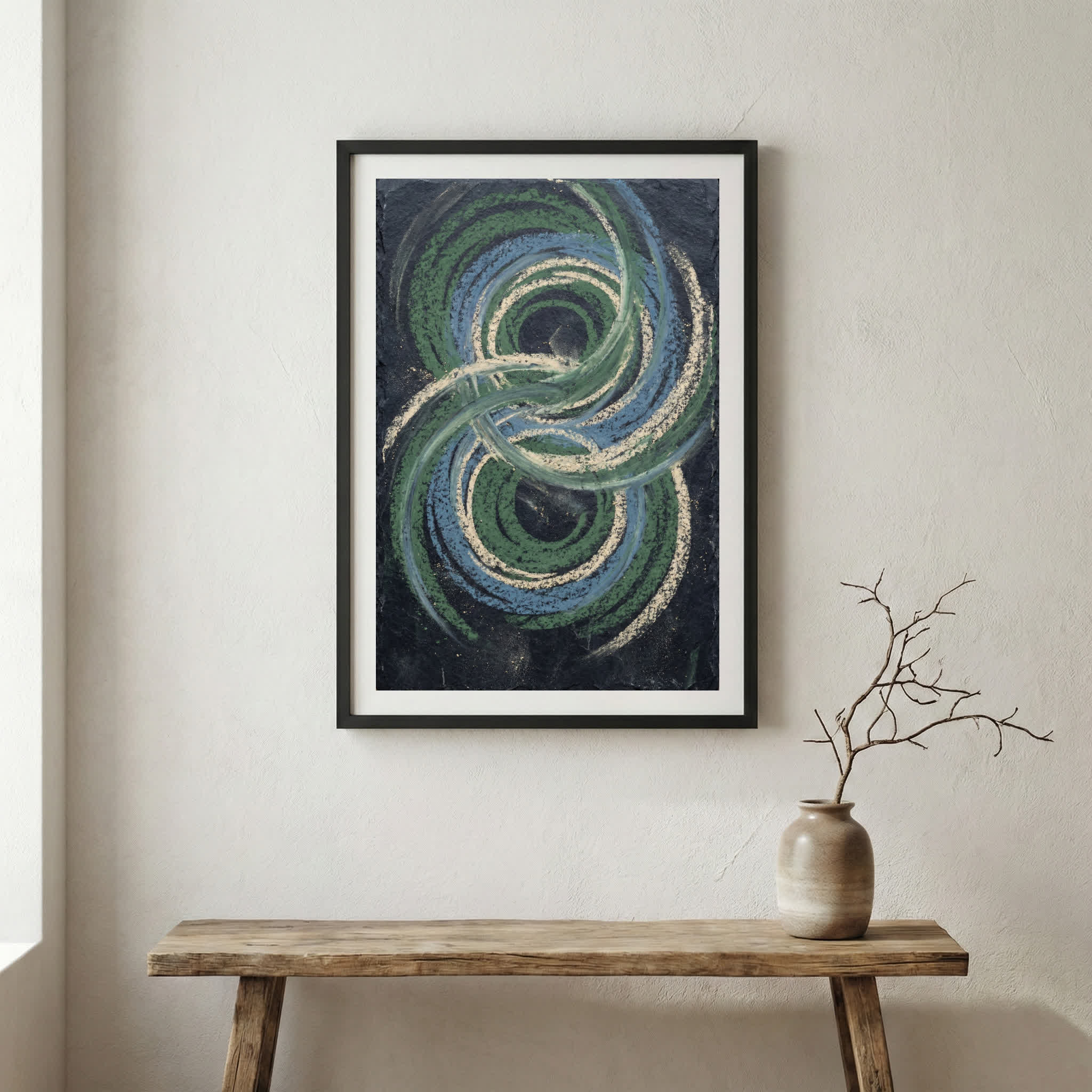 Teal Navy Spiral Abstract canvas wall art in a framed room setting