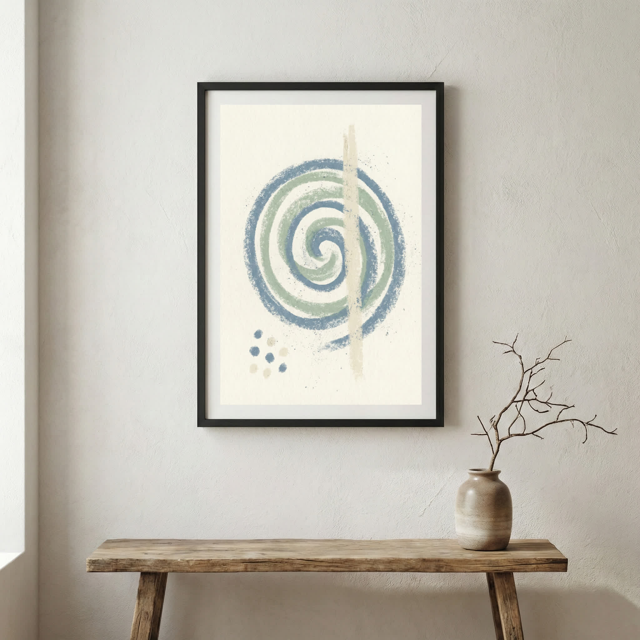 Blue Green Spiral Abstract canvas wall art in a framed room setting
