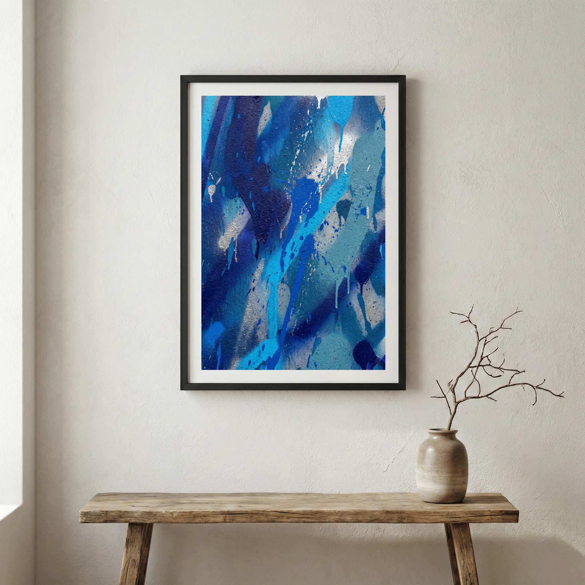 Blue Abstract Brushstrokes canvas wall art in a framed room setting