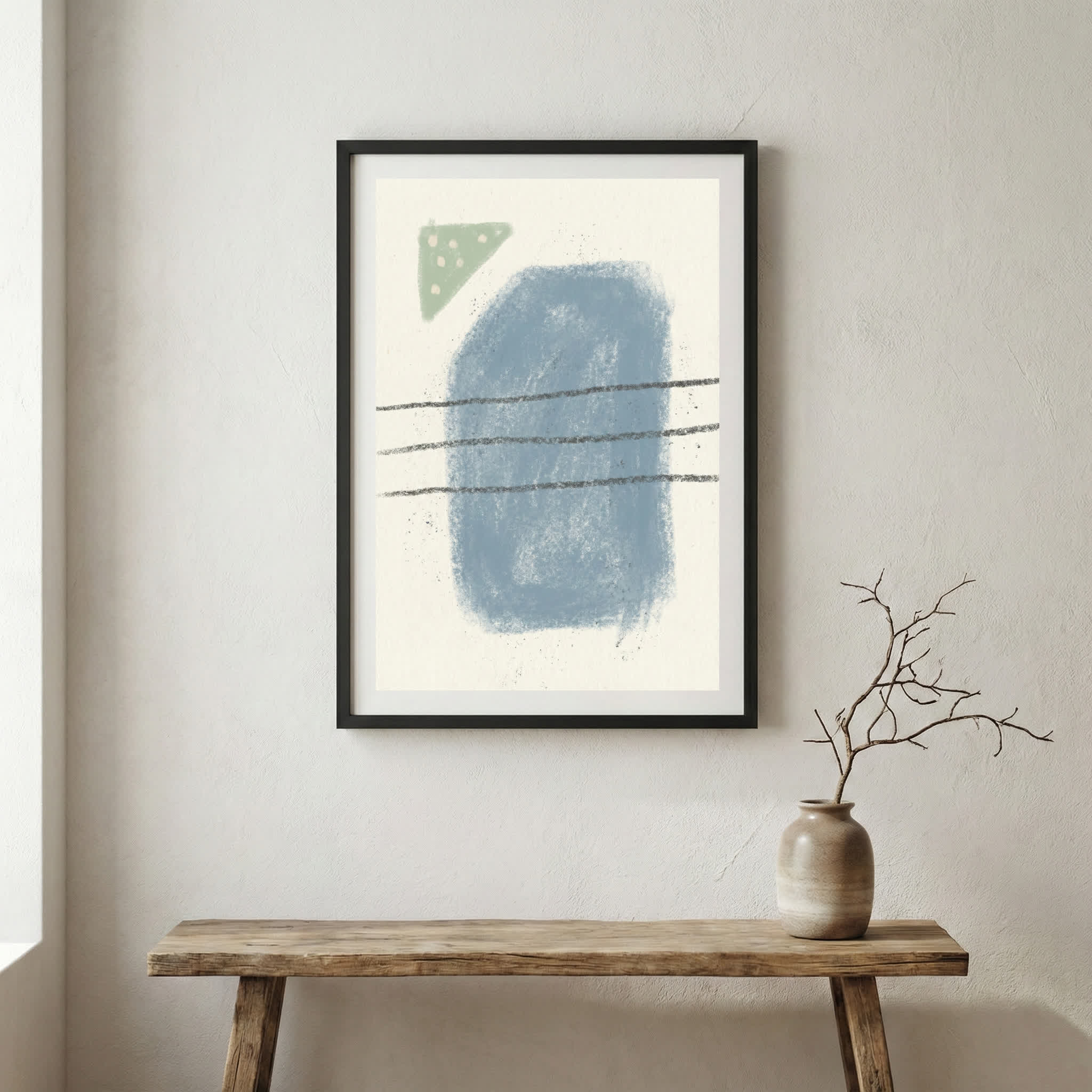 Blue Sage Minimal Abstract canvas wall art in a framed room setting