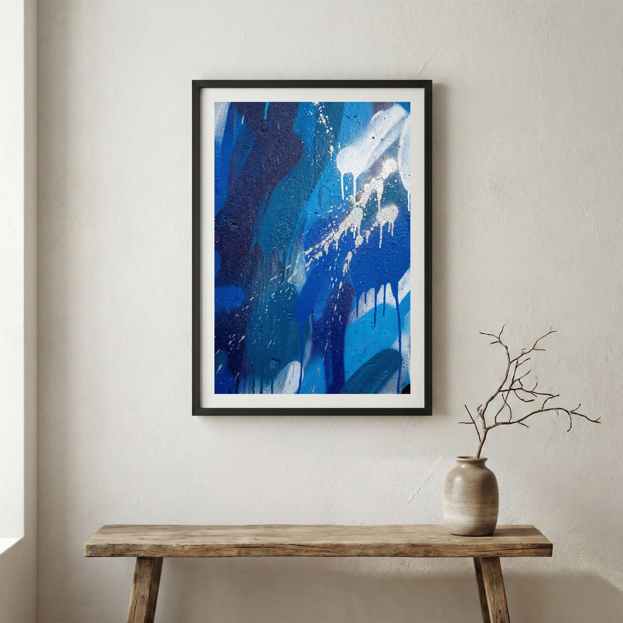 Blue White Expressive Abstract canvas wall art in a framed room setting