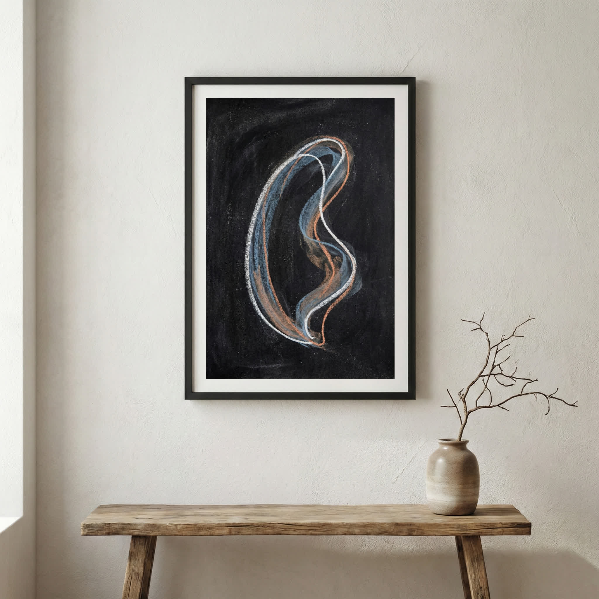 Black Silver Swoosh Abstract canvas wall art in a framed room setting
