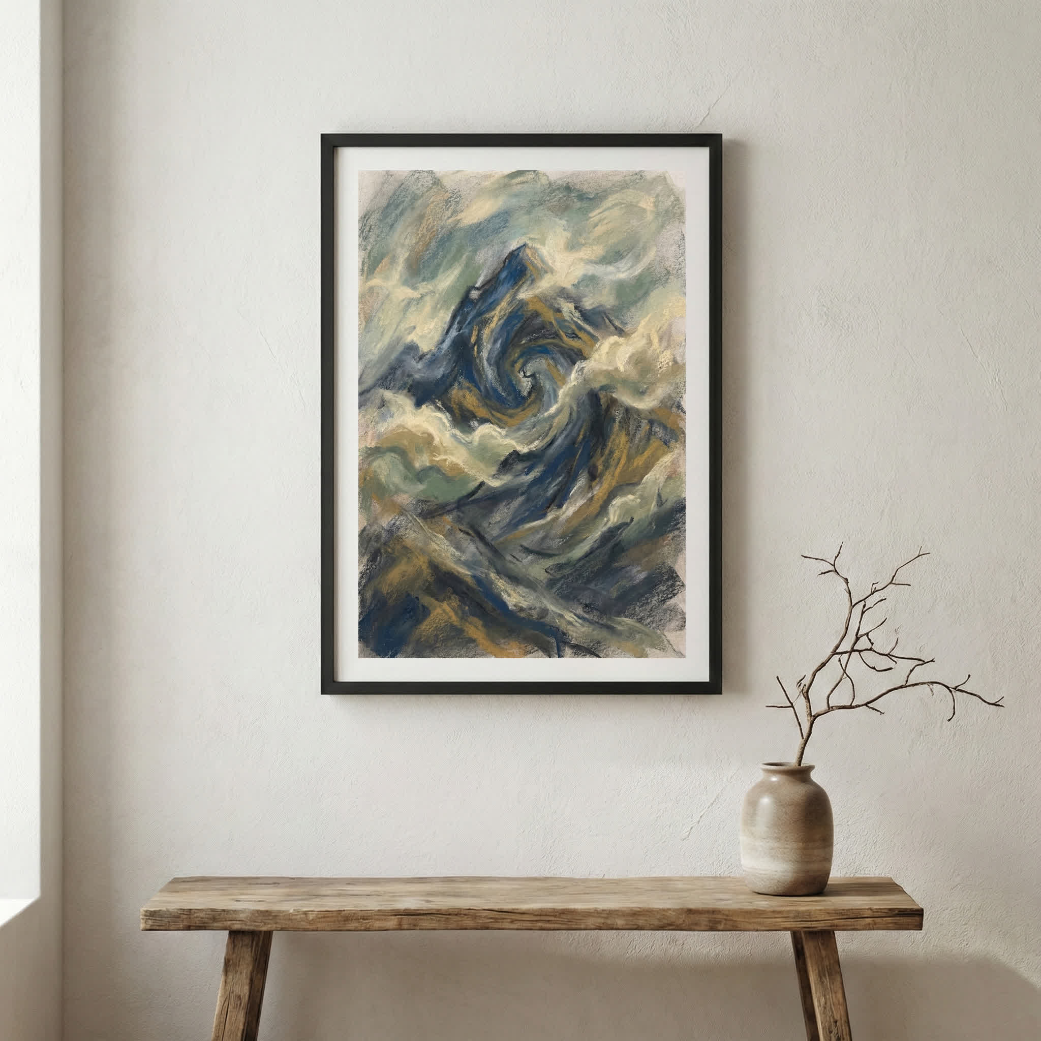 Blue Gold Textured Ocean Landscape Abstract canvas wall art in a framed room setting