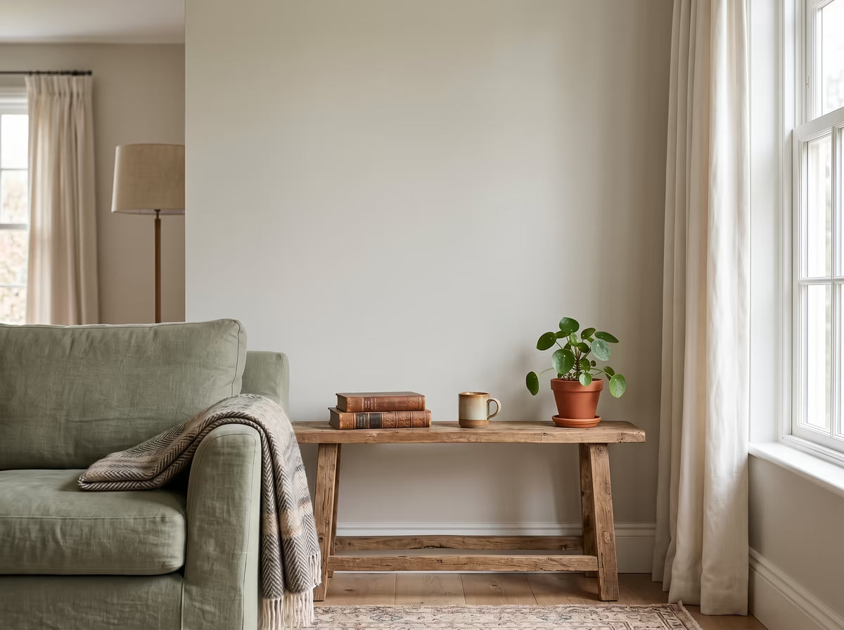 A rustic wooden console table in a bright, modern living room setting. The table is styled with a small potted green plant, a stack of vintage-style books, and a small ceramic mug.