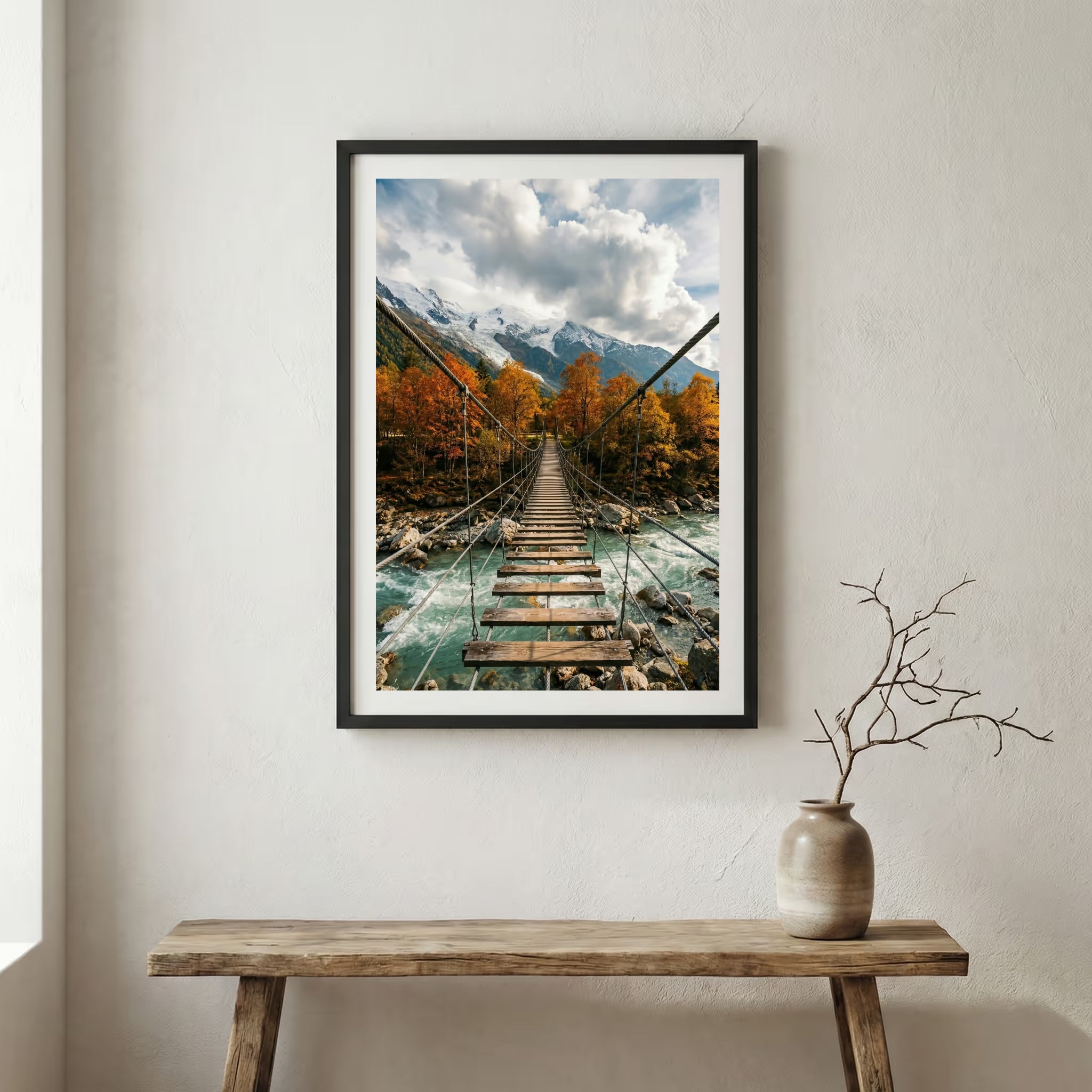 Wooden suspension bridge crossing a river gorge lined with autumn foliage — wooden frame canvas wall art print, 12×18 in