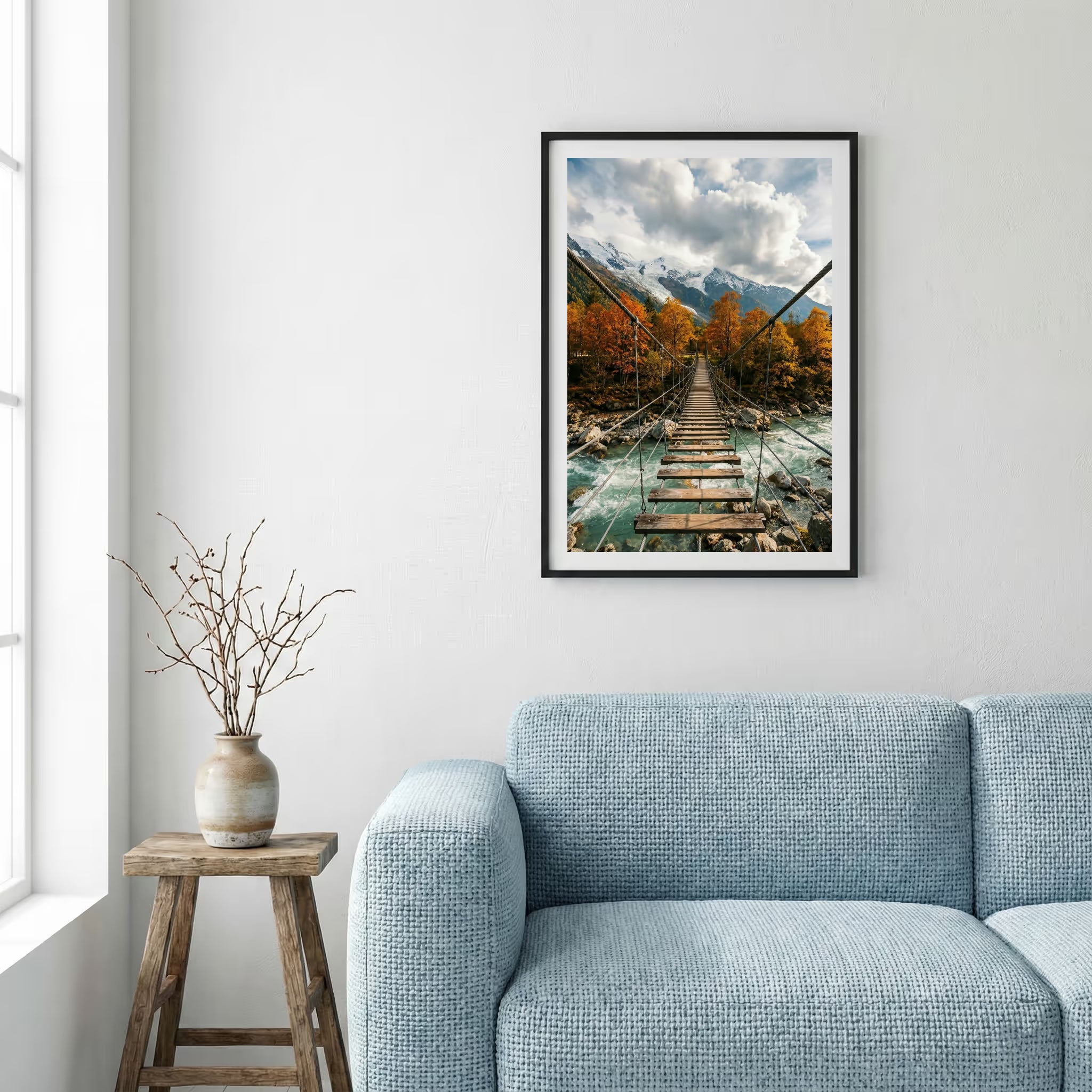 Wooden suspension bridge crossing a river gorge lined with autumn foliage — framed canvas wall art in a wooden frame, 16×24 in
