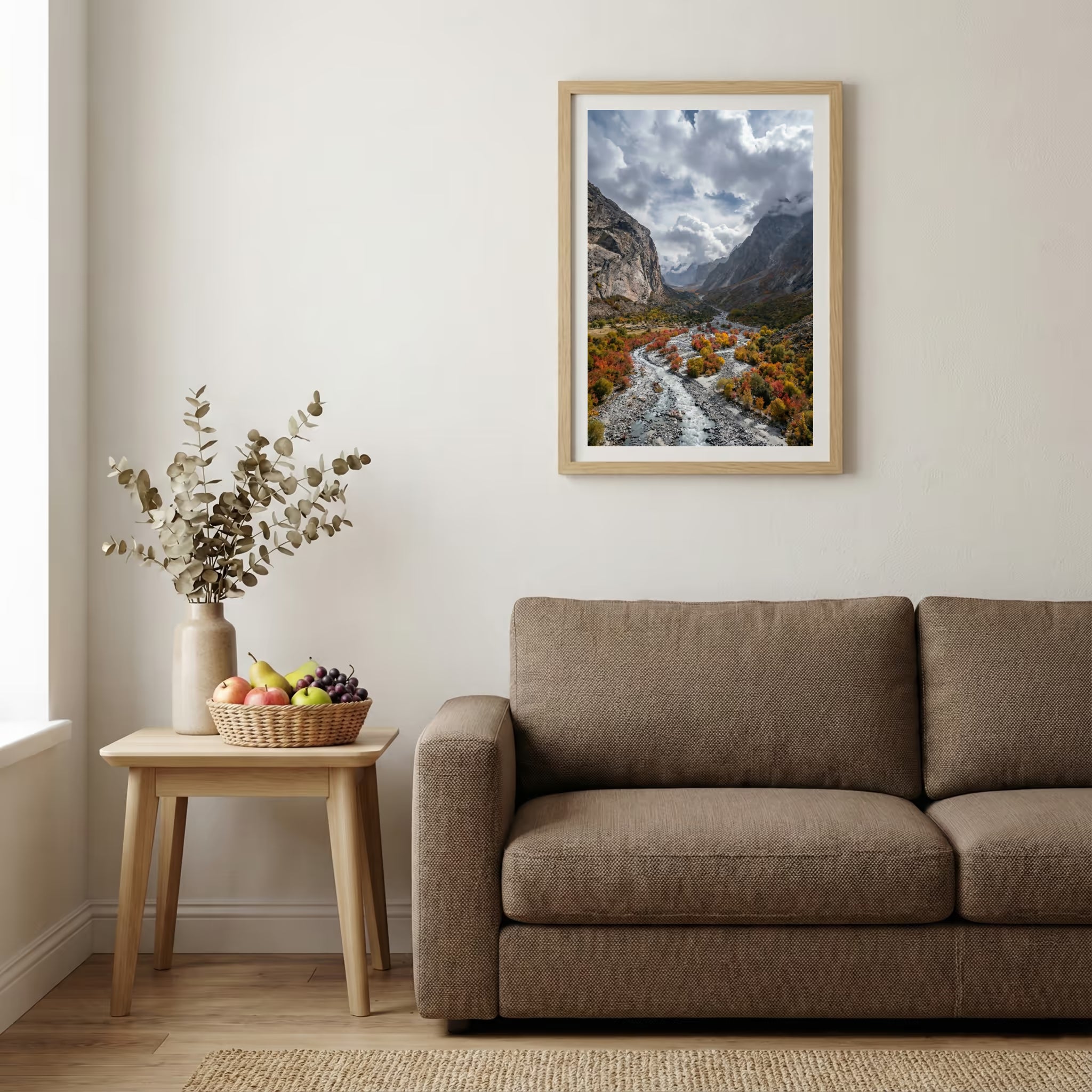 Braided river bed winding through autumn-red shrubs and mountains — wooden-frame wall art print, 20×30 in