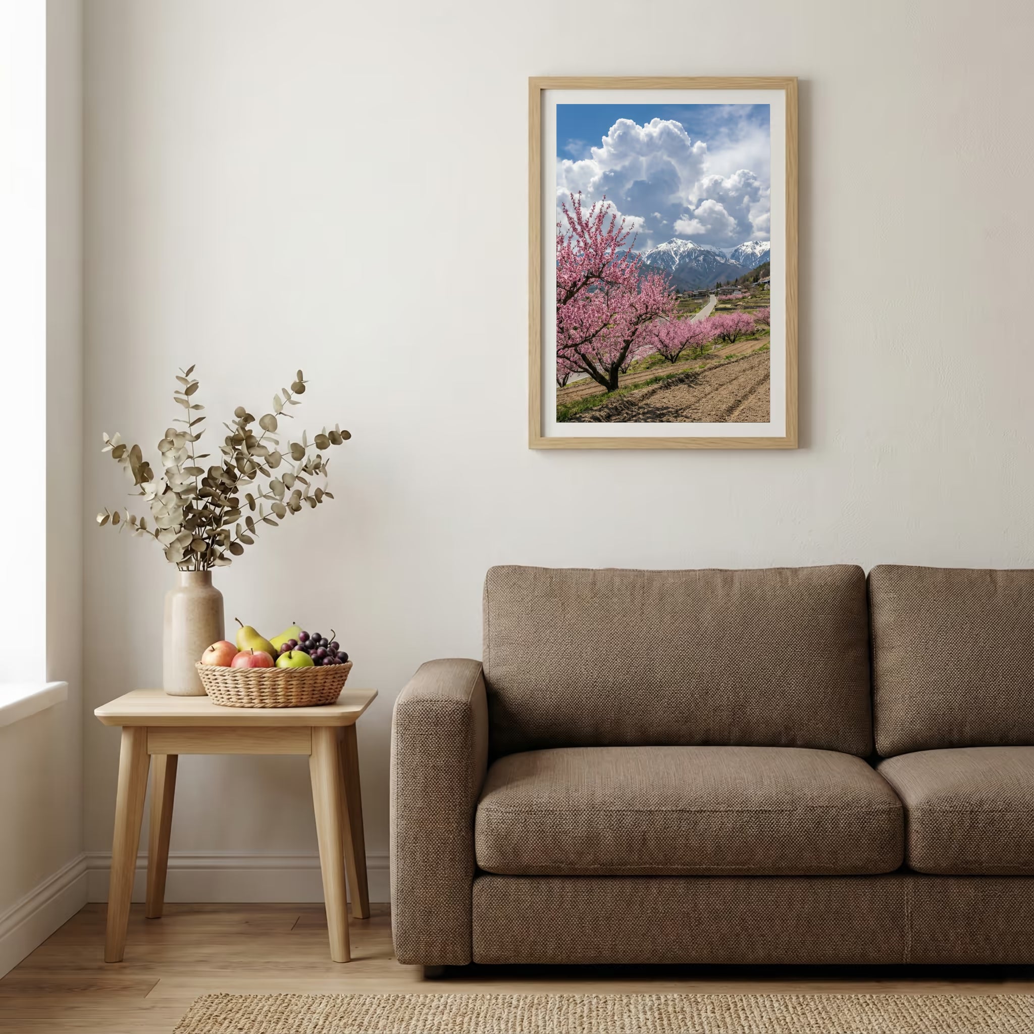 Blossoming trees lining a hillside path under a bright, cloud-filled blue sky — wooden-frame wall art print, 20×30 in