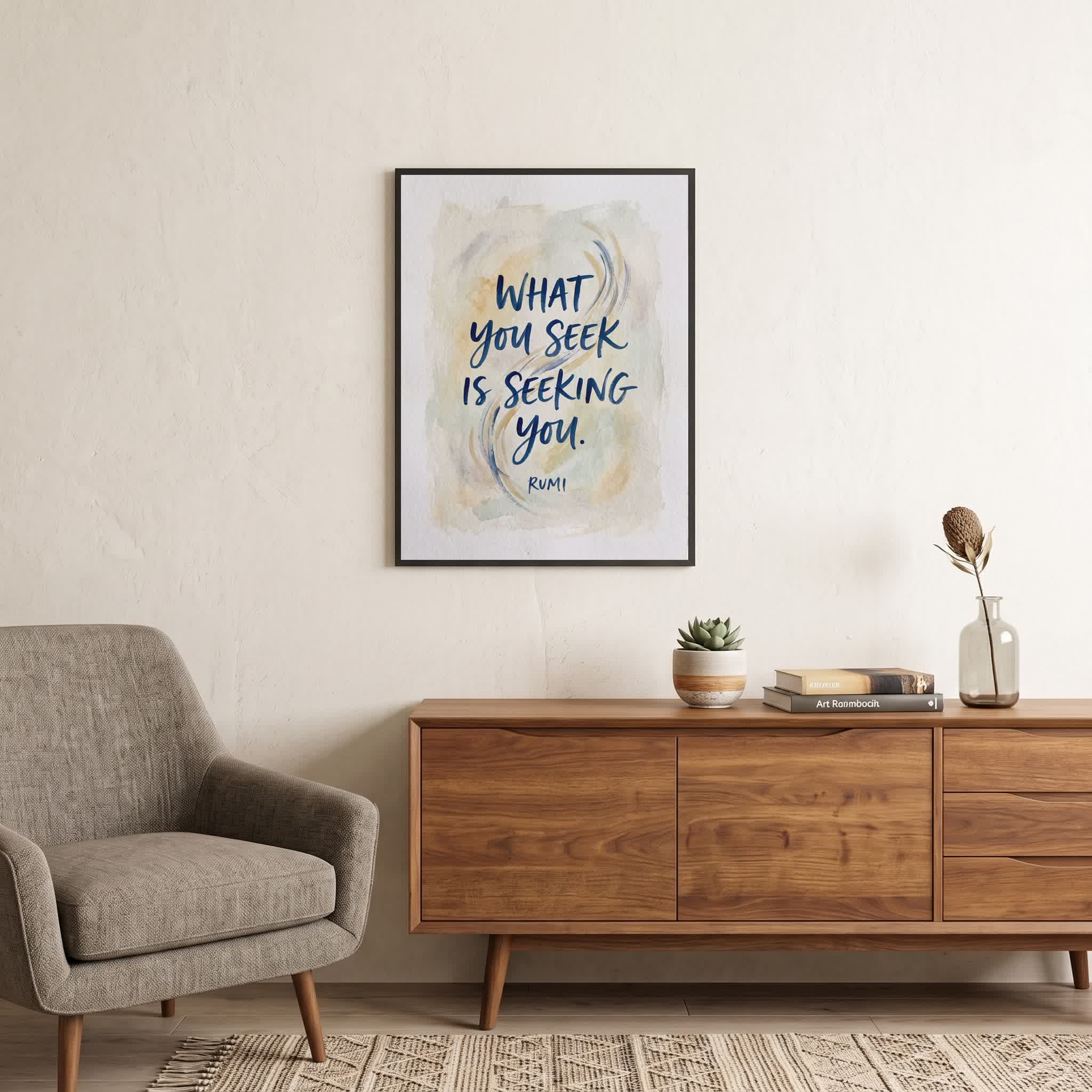 Rumi quote wall art: "What you seek is seeking you", 18×24 in size