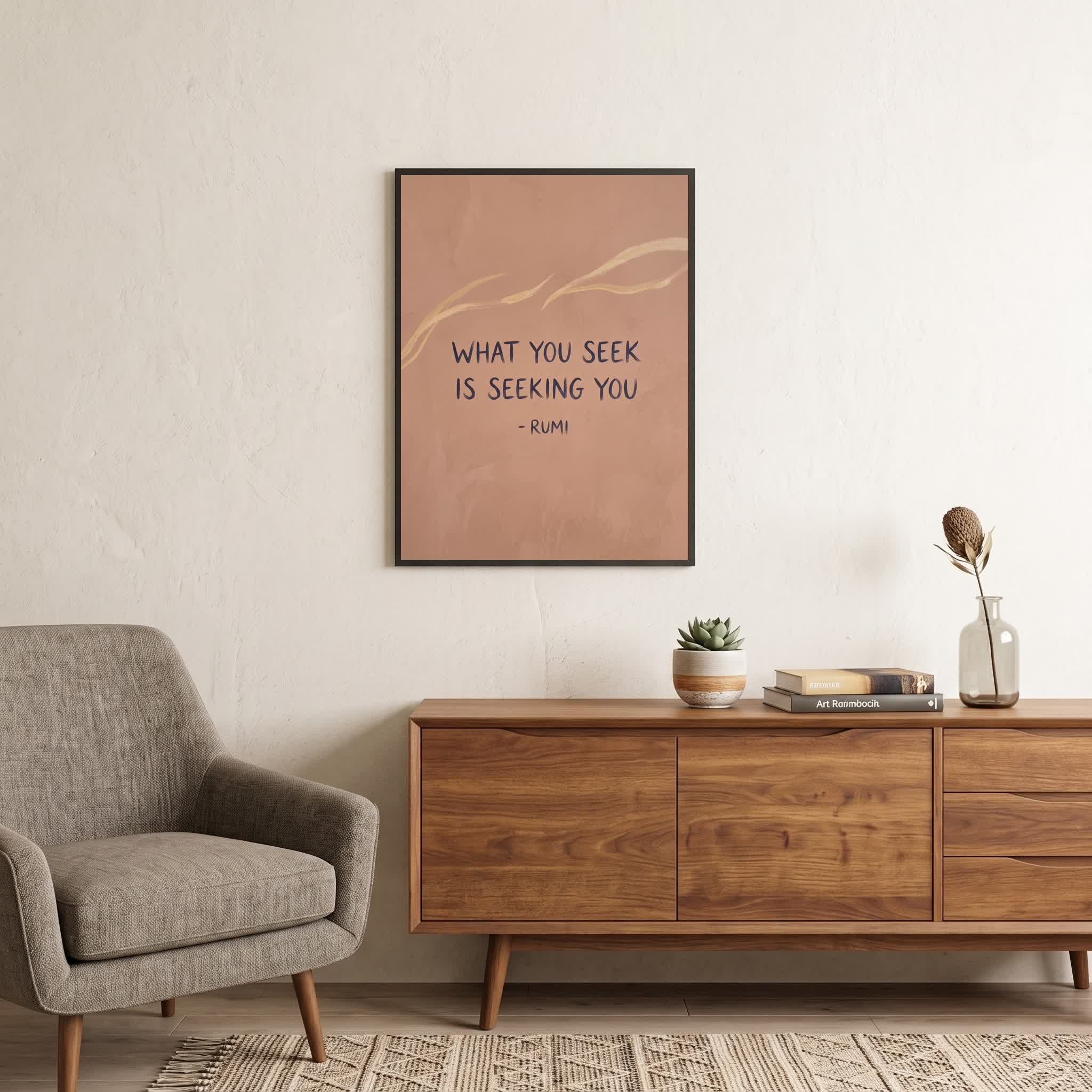 Rumi quote wall art: "What you seek is seeking you", 18×24 in size