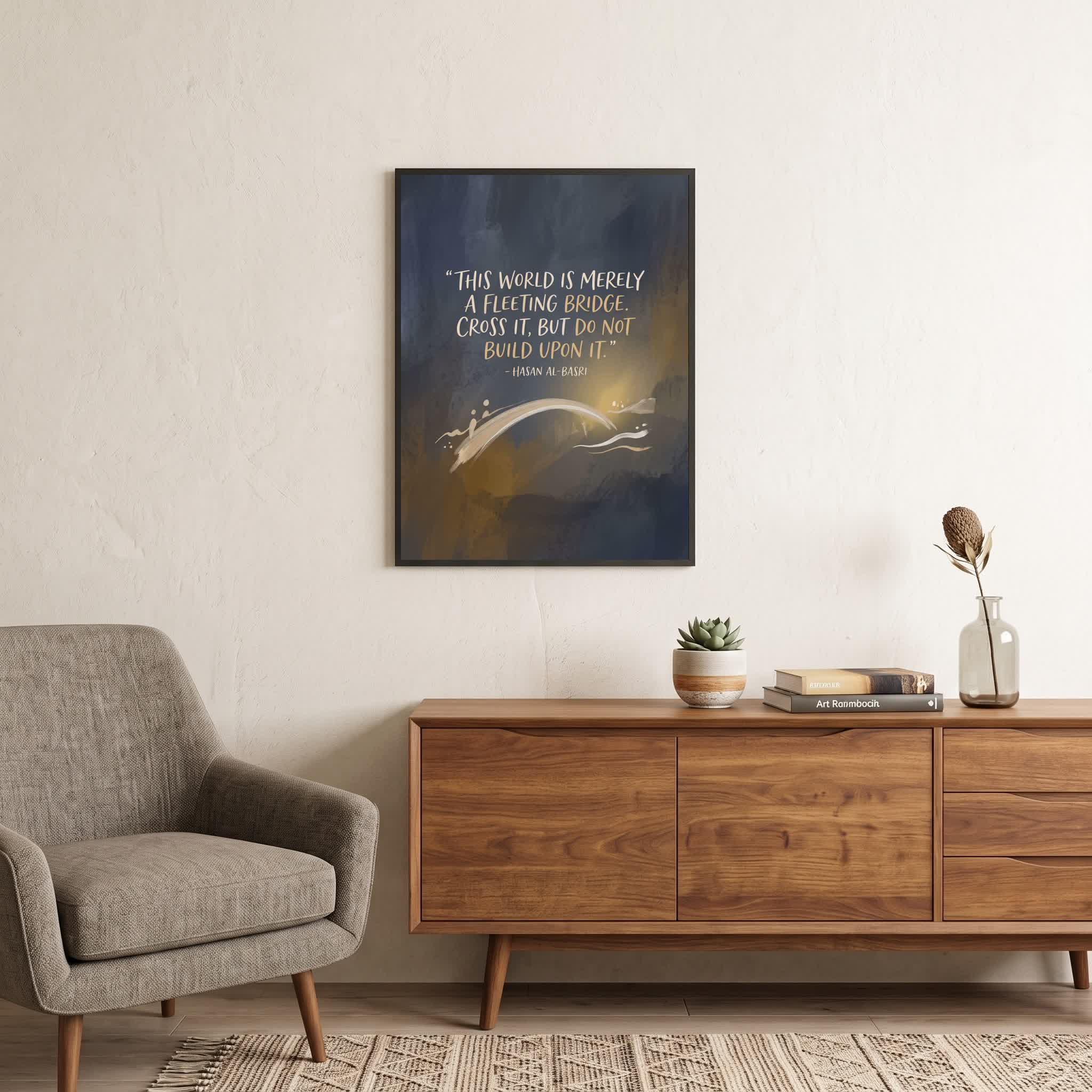 Hasan Al-Basri quote wall art: "This world is merely a fleeting bridge", 18×24 in size