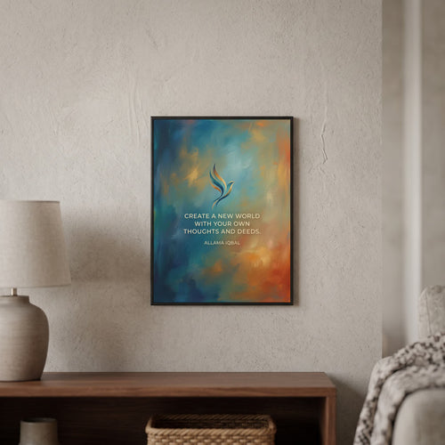 Allama Iqbal quote wall art: "Create a new world with your own thoughts and deeds", 15×20 in size