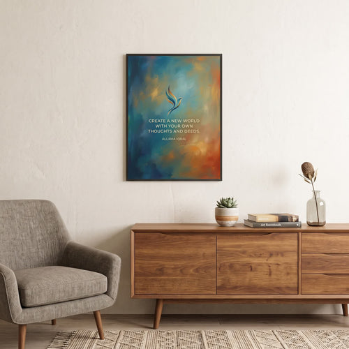 Allama Iqbal quote wall art: "Create a new world with your own thoughts and deeds", 18×24 in size