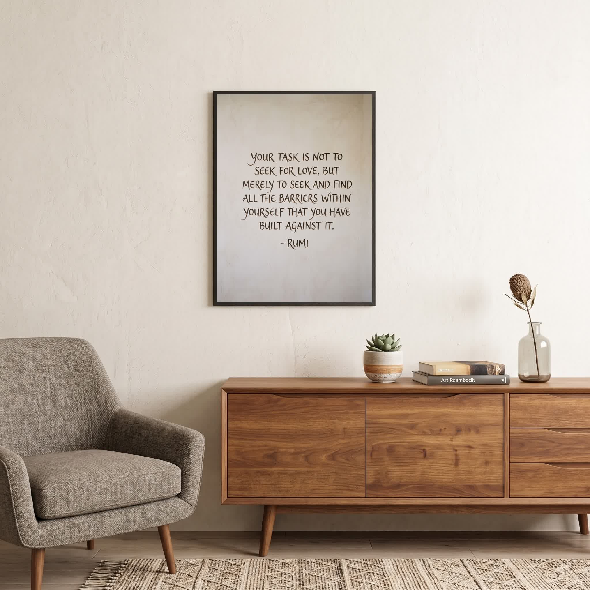 Rumi quote wall art: "Your task is not to seek for love, but to seek the barriers within", 18×24 in size
