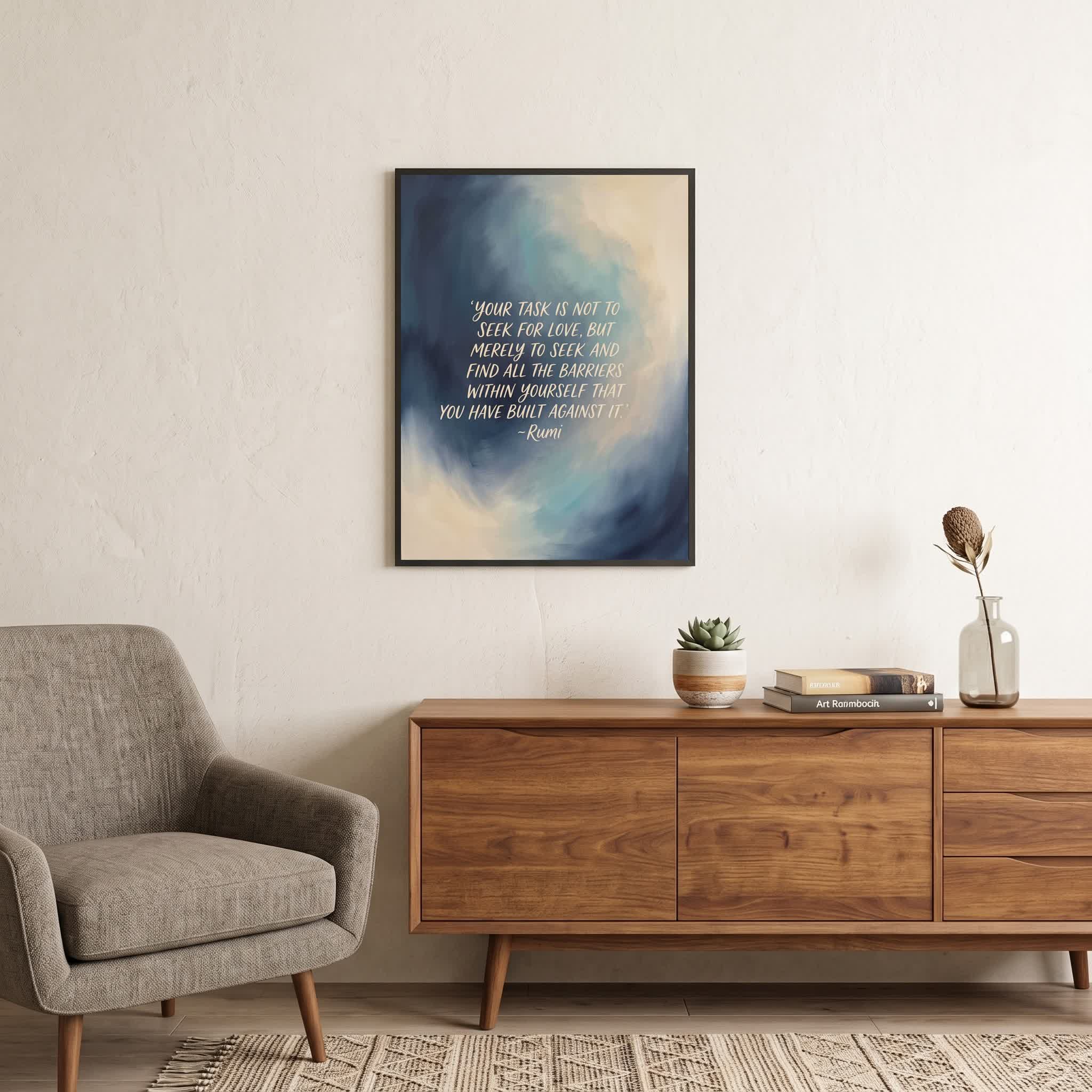 Rumi quote wall art: "Your task is not to seek for love, but to seek the barriers within", 18×24 in size