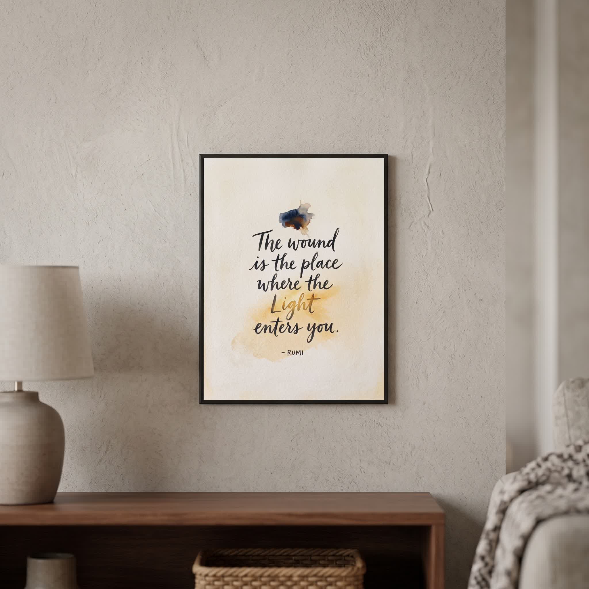 Rumi quote wall art: "The wound is the place where the Light enters you", 15×20 in size