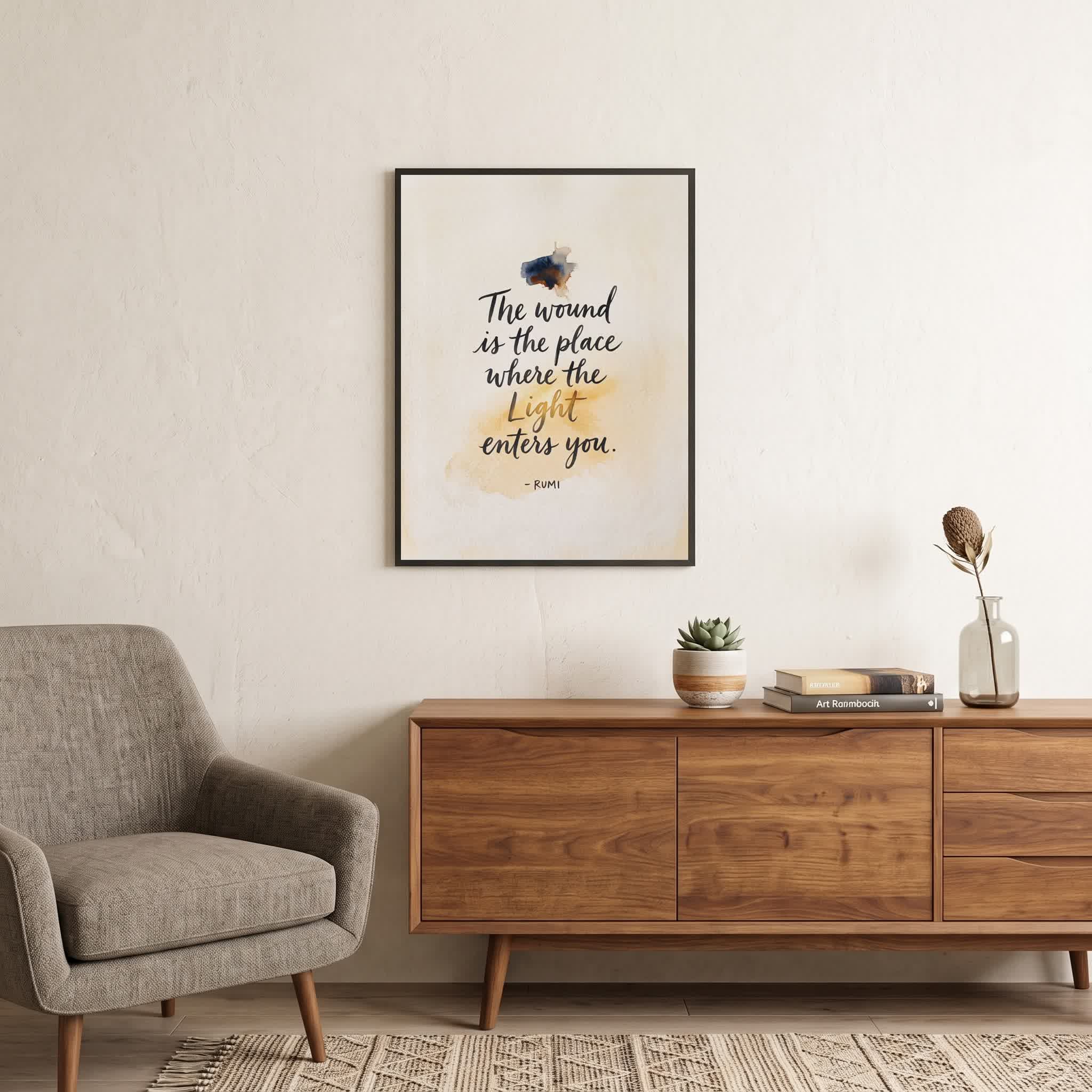Rumi quote wall art: "The wound is the place where the Light enters you", 18×24 in size