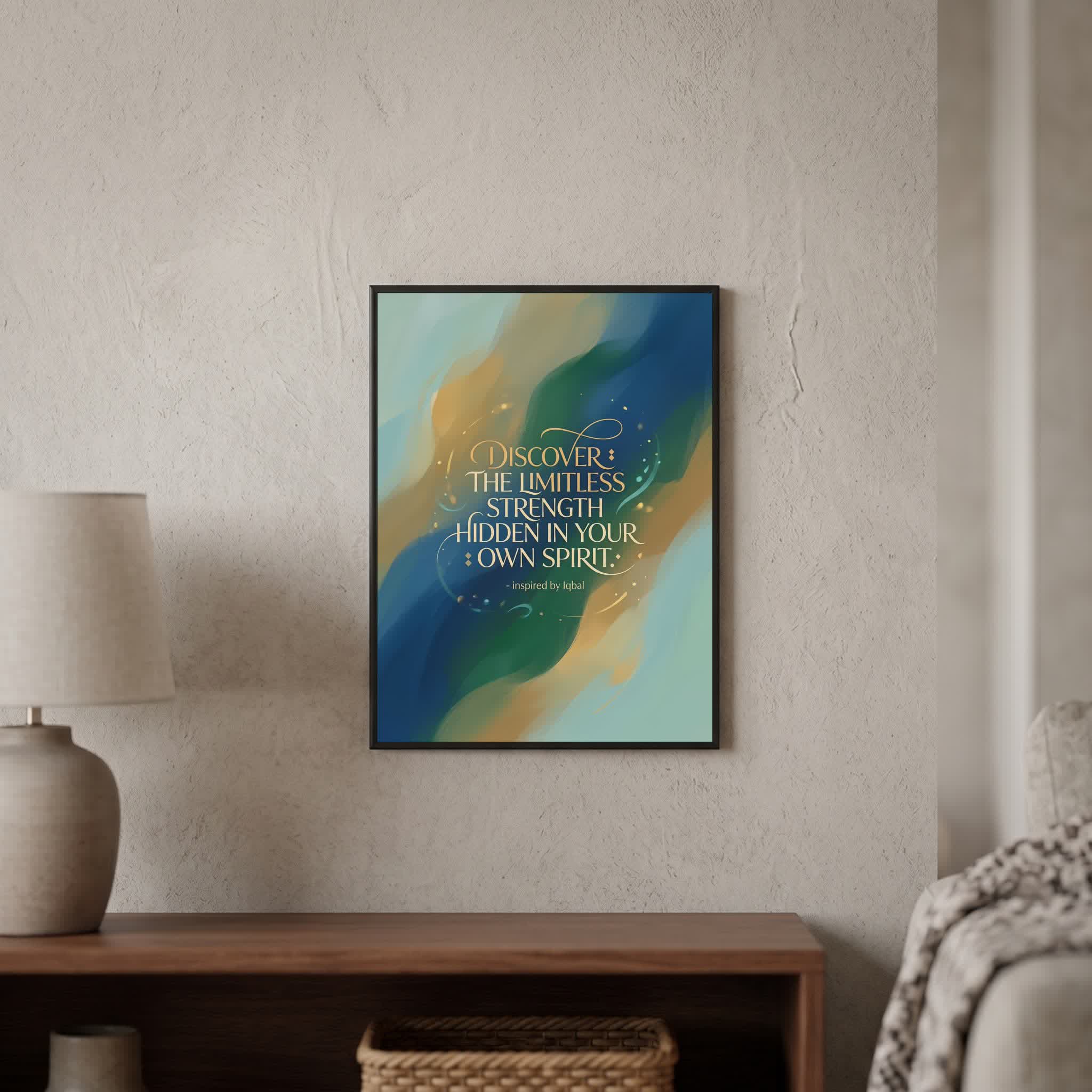 Inspired by Iqbal quote wall art: "Discover the limitless strength hidden in your own spirit", 15×20 in size