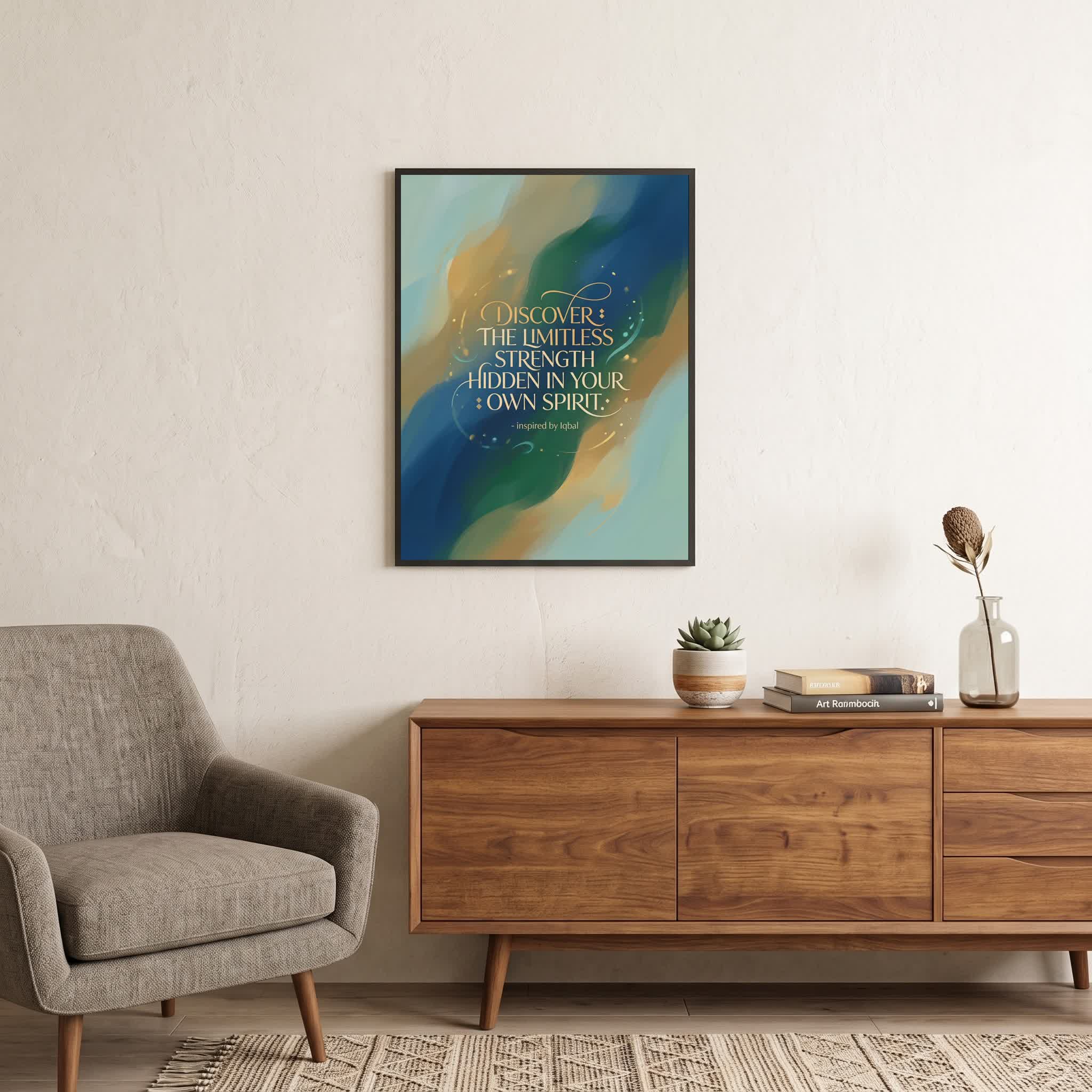 Inspired by Iqbal quote wall art: "Discover the limitless strength hidden in your own spirit", 18×24 in size