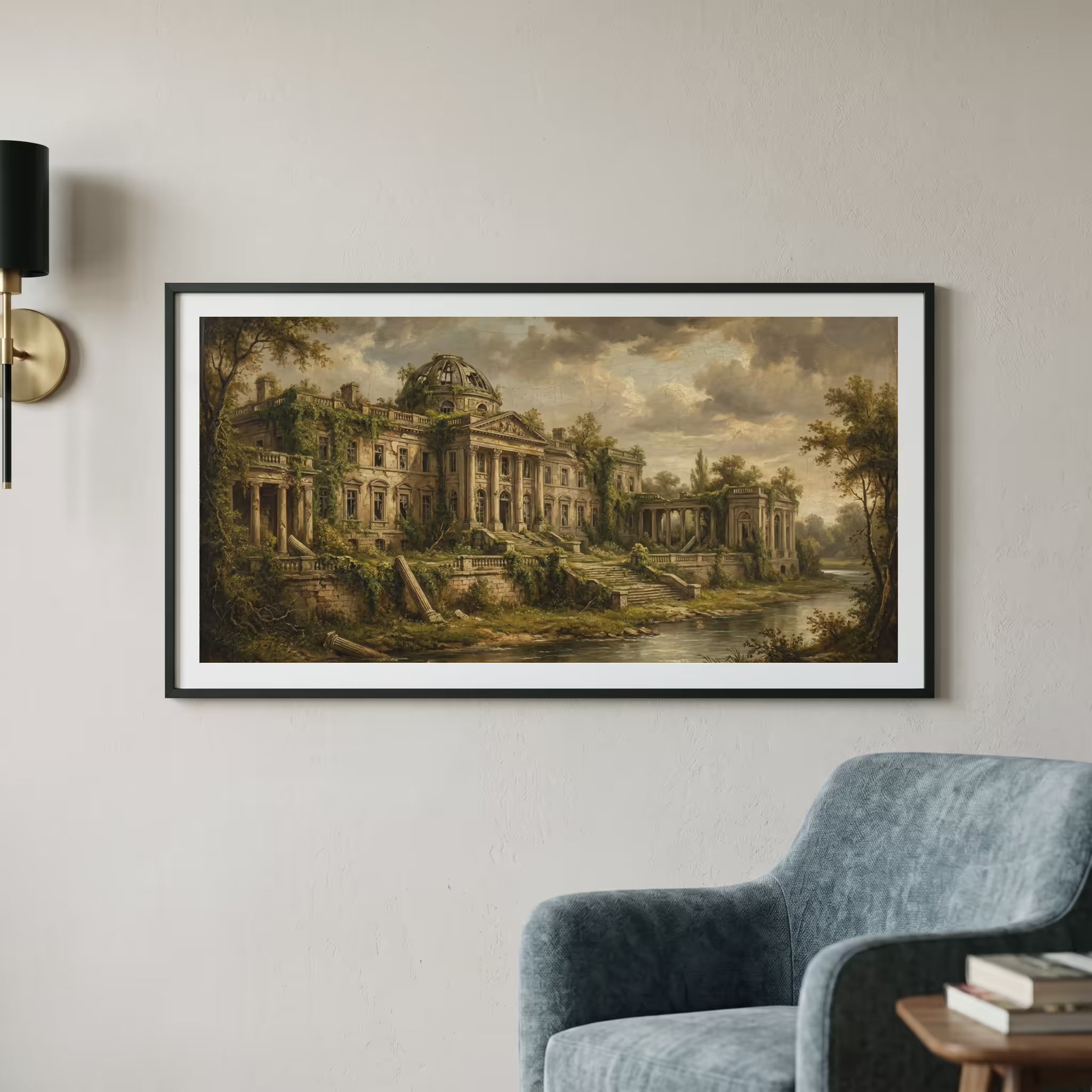 Vintage painting of overgrown classical ruins with columns beside a quiet river — wooden frame art print, 21×12 in