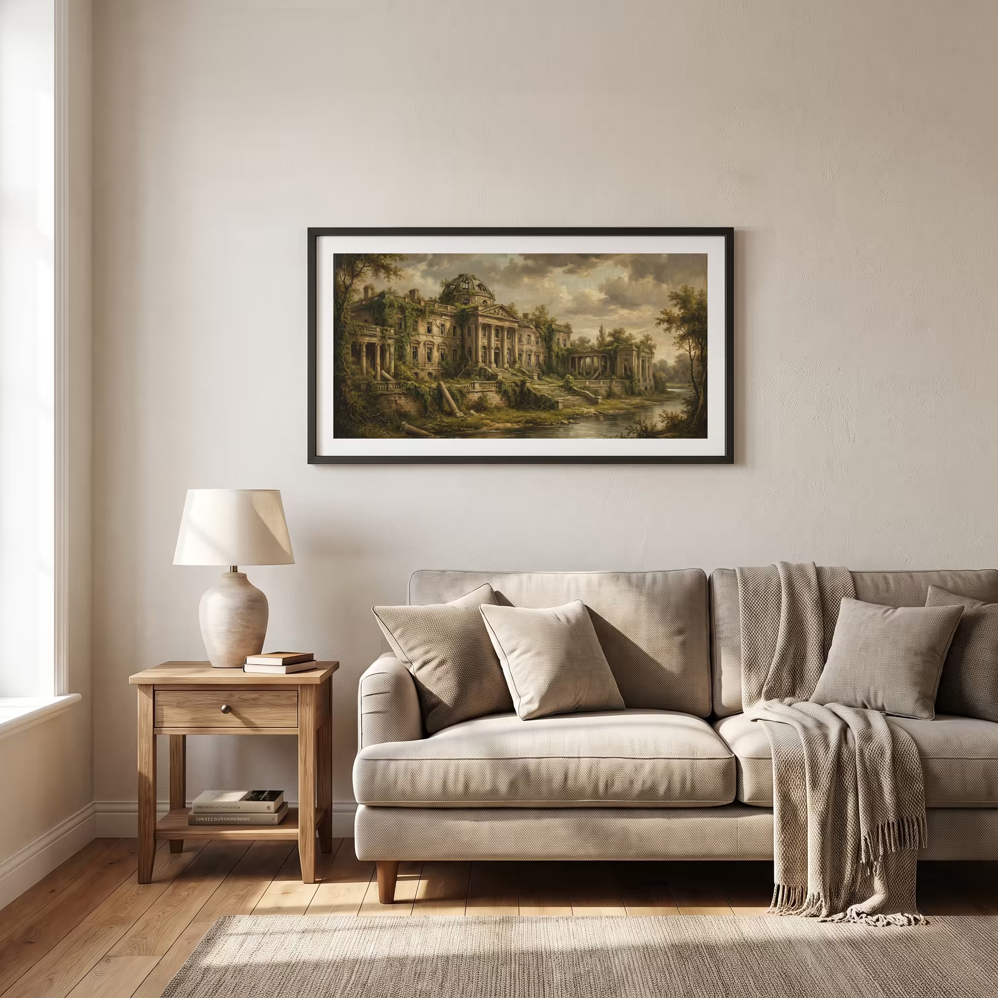Vintage painting of overgrown classical ruins with columns beside a quiet river — framed vintage painting print in a wooden frame, 26×15 in