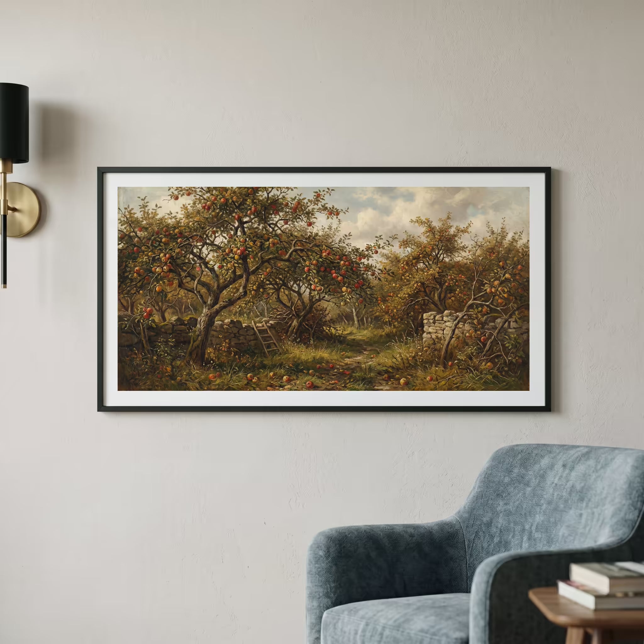 Vintage landscape painting of an autumn orchard with an old stone well marker — wooden frame art print, 22×11 in