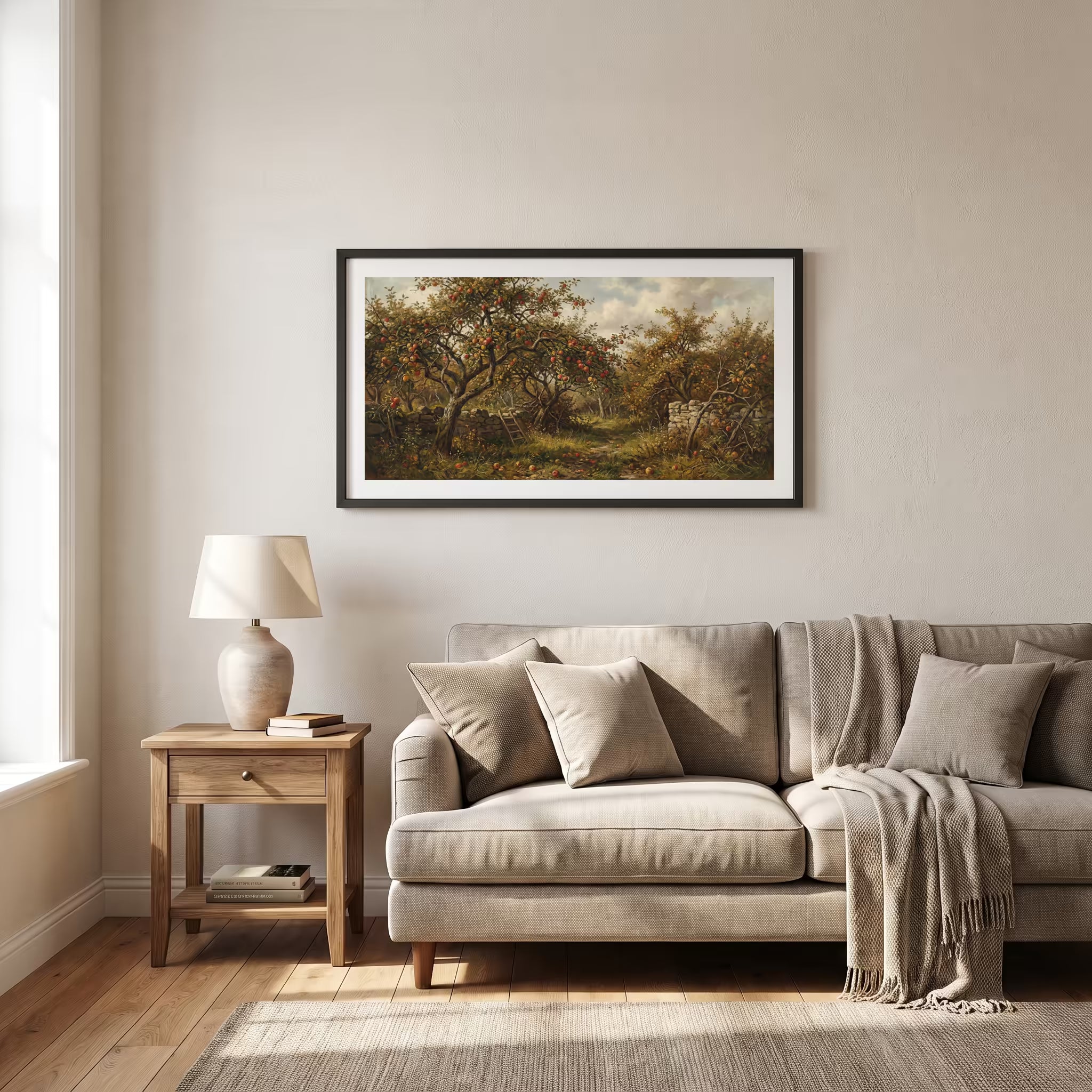 Vintage landscape painting of an autumn orchard with an old stone well marker — framed vintage painting print in a wooden frame, 28×14 in