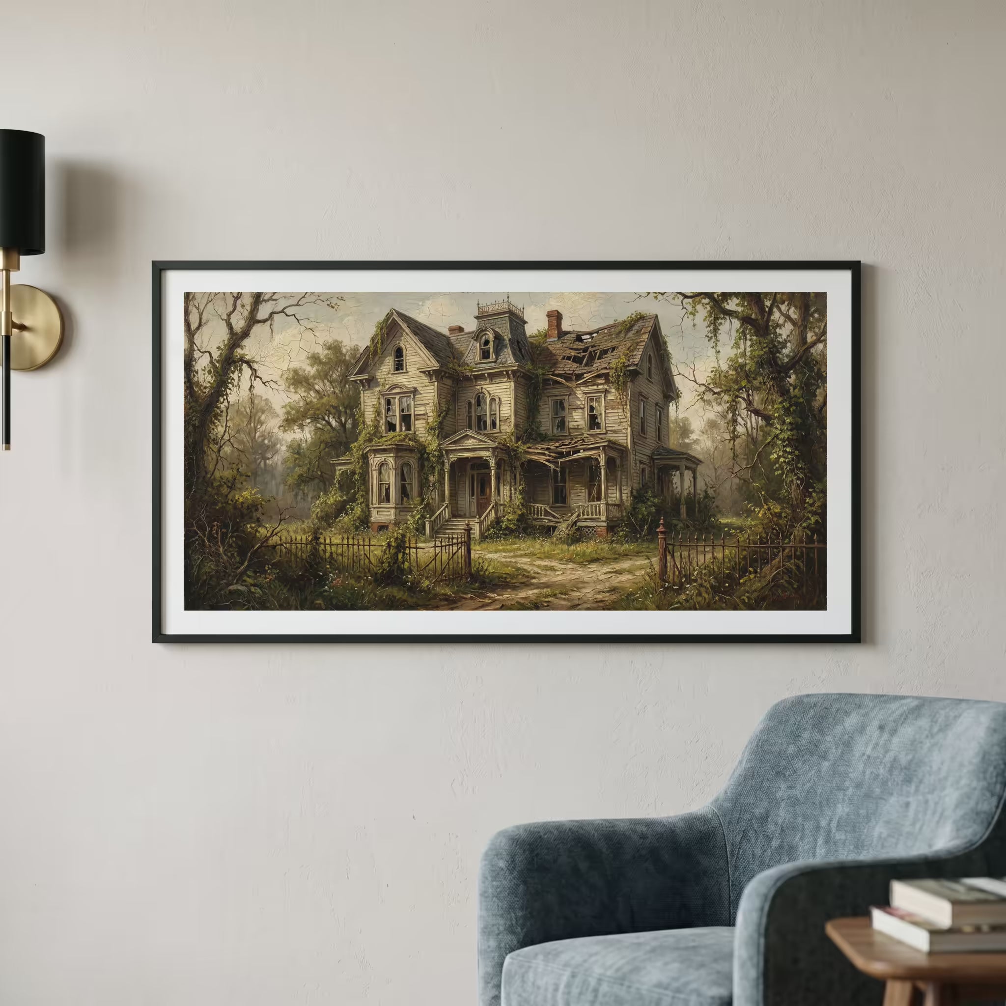 Vintage painting of an overgrown, abandoned Victorian mansion in the woods — wooden frame art print, 22×11 in
