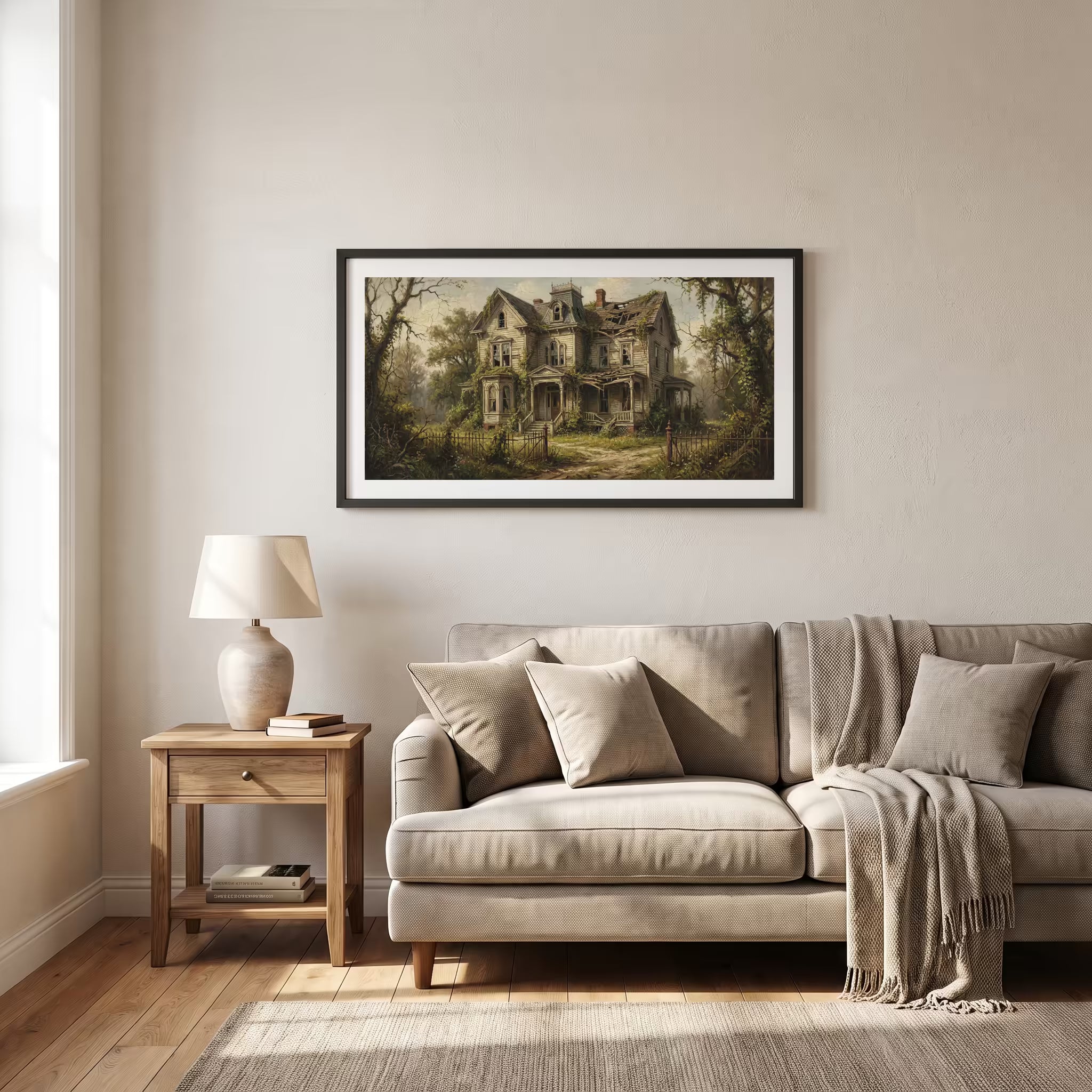 Vintage painting of an overgrown, abandoned Victorian mansion in the woods — framed vintage painting print in a wooden frame, 28×14 in