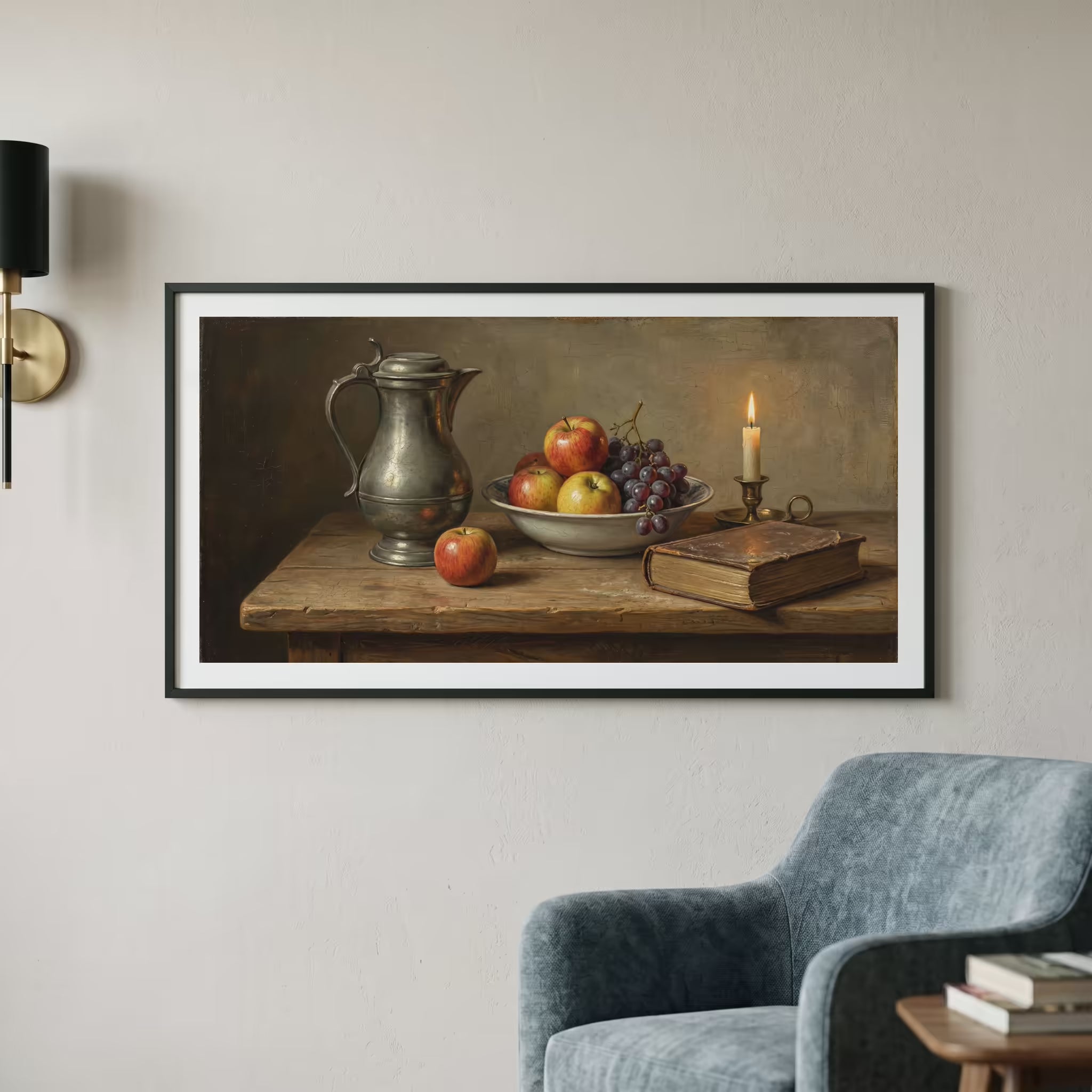 Vintage still life painting of a pewter jug, fruit, and a lit candle on a dark table — wooden frame art print, 21×12 in