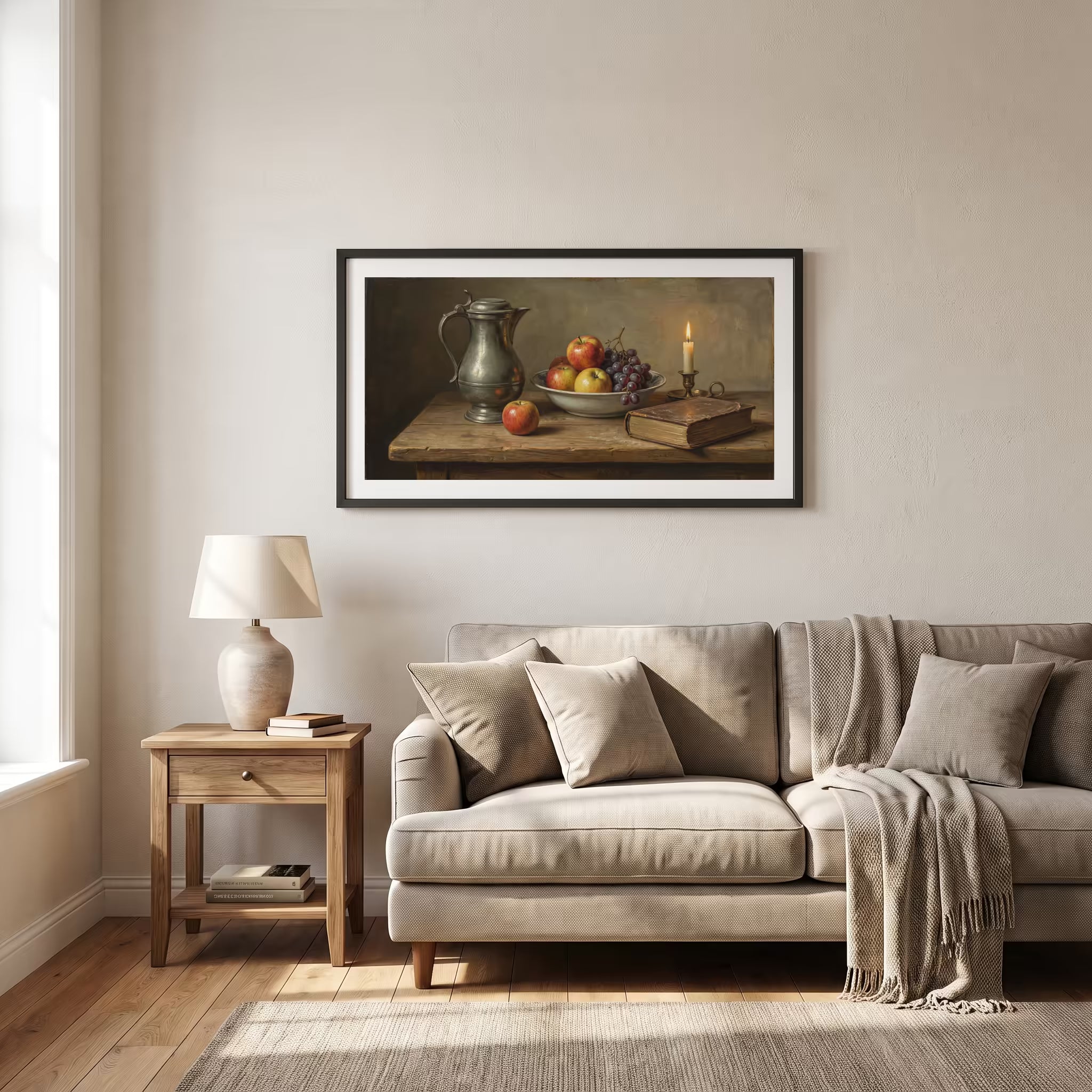 Vintage still life painting of a pewter jug, fruit, and a lit candle on a dark table — framed vintage painting print in a wooden frame, 26×15 in